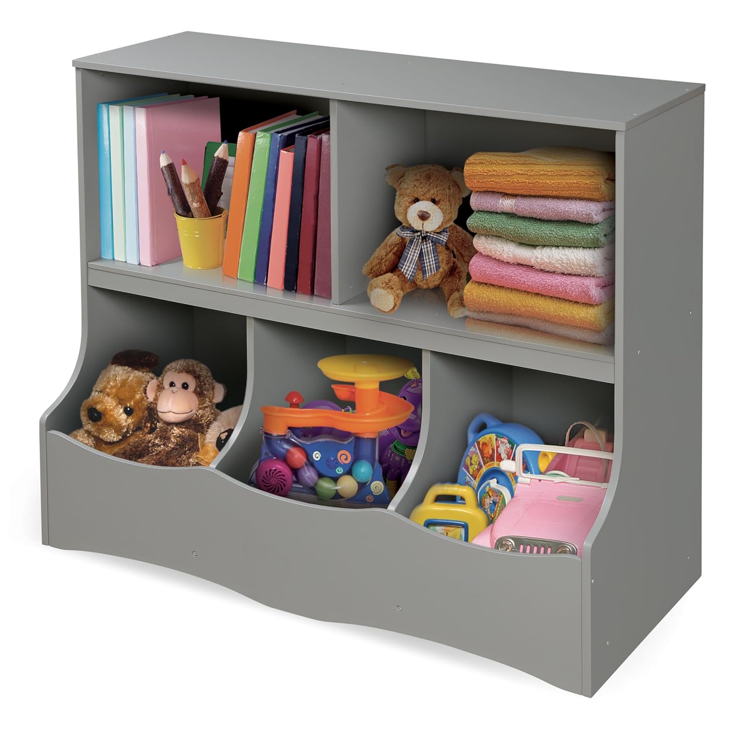 Badger Basket Multi-Bin Storage Cubby for Kids - Toy Organizer with 3 Cubbies, 2 Open Shelves, Display Top for Playroom or Bedroom - Storage Unit for Toys, Books & More - Gray