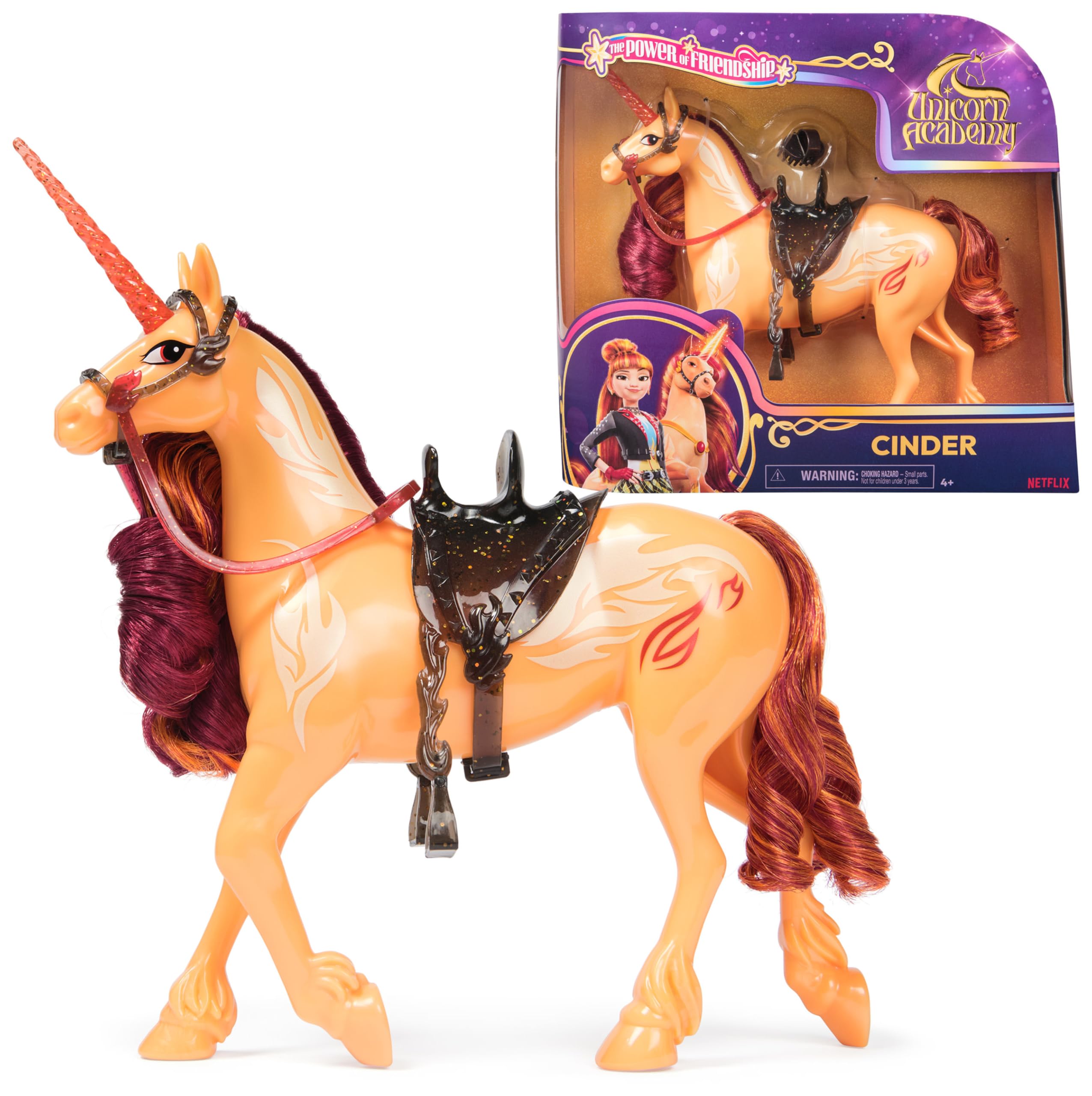 Unicorn Academy Einhorn Cinder - 28 cm groß, Original-Einhorn von Valentina zur Netflix-Serie, mit echter Mähne und Schweif, abnehmbarem Zaumzeug und Sattel sowie Bürste, für Kinder ab 4 Jahren