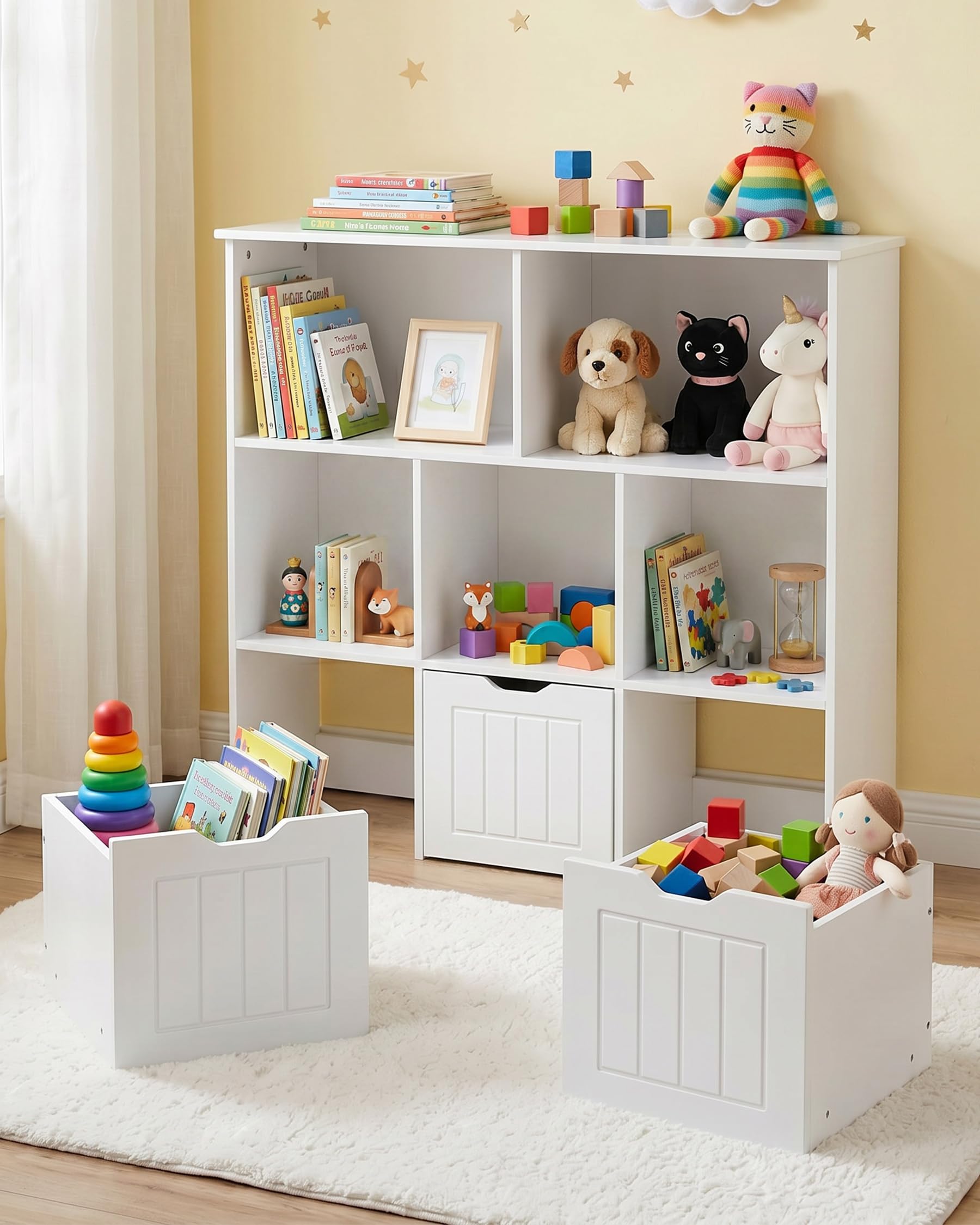 Organizador de Juguetes con Cajones, Estanteria Infantil Montessori, Mueble Almacenaje para Habitación Infantil, Librería con 5 Estantes, Estante para Niños, Blanco 100x33x89.5cm