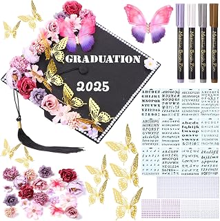 Lyrow 51 Pcs DIY Graduation Cap Decorations Kits Included Grad Cap Pens Faux Flowers Letter Number Stencils Rhinestones Stickers 3D Butterflies for Grad Hat Topper Decors Craft Art DIY(Purple)
