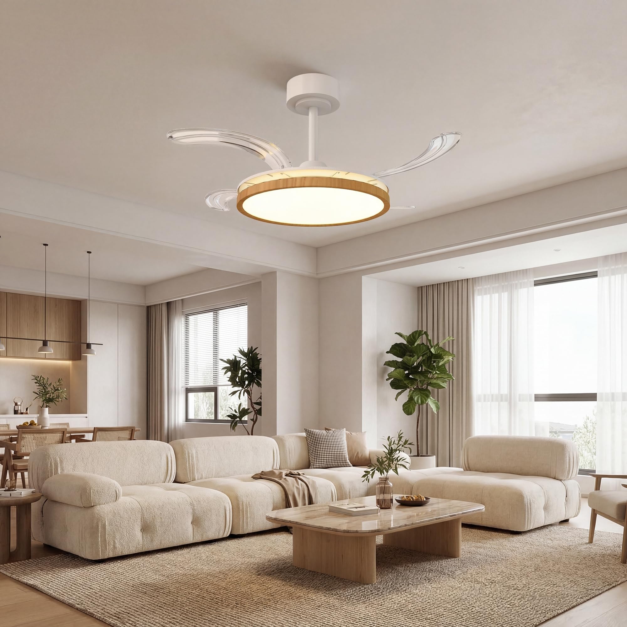 HOMCOM Ventilateur de plafond avec lumière LED, plafonnier ventilateur Ø95 cm, 4 pales rétractables moteur CC silencieux, 6 vitesses, 3 températures de couleur, télécommande, minuterie, mode été-hiver
