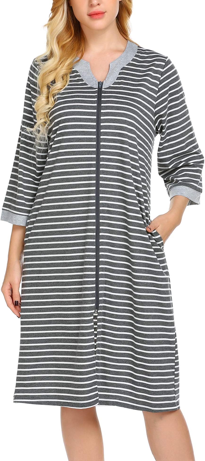 Women Zipper Nightgown 3/4 Sleeve Nightdress Short Striped Nightshirts with Pocket