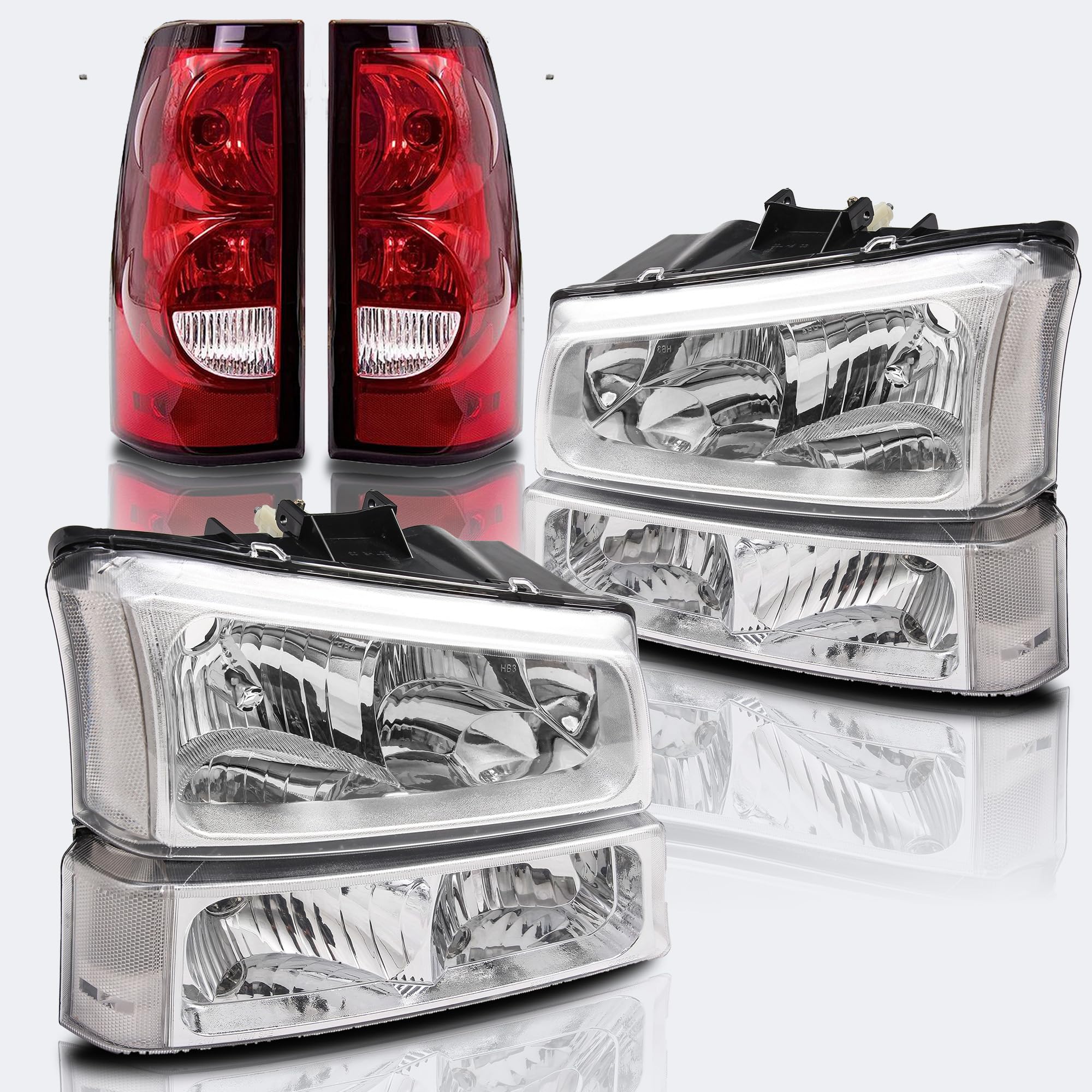 ISHARINGAUTOPARTS Headlight Assembly Tail Lights Assembly Set Compatible with 2003-2006 Chevy Silverado 1500 2500 3500 Clear Headlamp w/Rear Brake