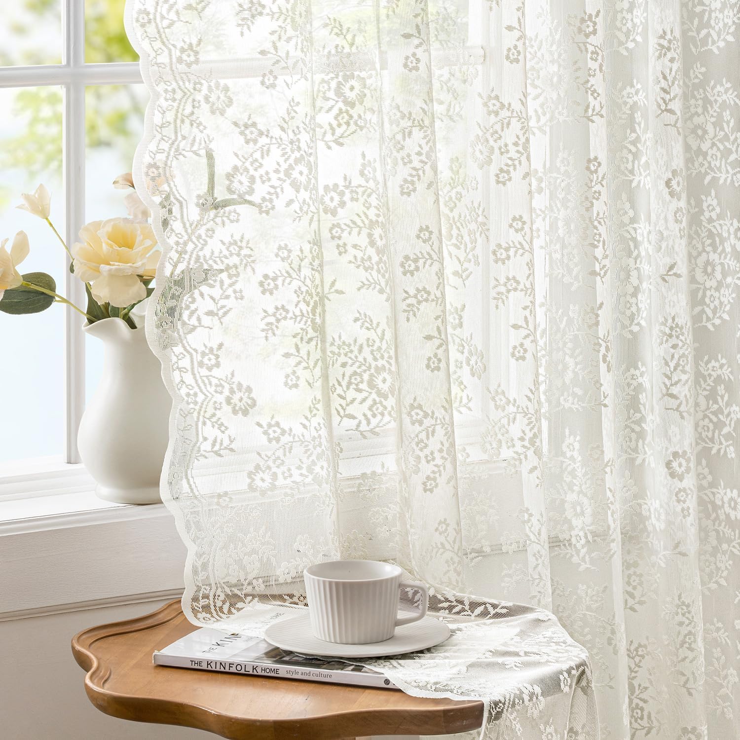 Woaboy Vintage Lace Curtains 84 Inches Long with Floral and Branch Pattern, Elegant Romantic Sheer Light Filtering Lacy Drapes for Living Room Bedroom, 52 x 84 Inch Ivory, Set of 2 Panels