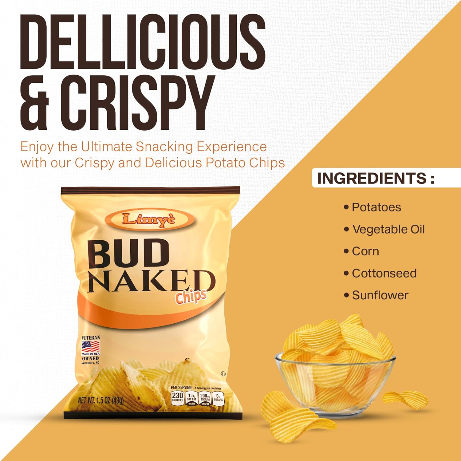 Limyè Bud Naked Potato chips, Healthy Kosher Certified Snacks Variety packs - Salted Chips, No Artificial Flavors, Vegan Gluten Free Chips, 1.5 Oz bag, Pack of 24