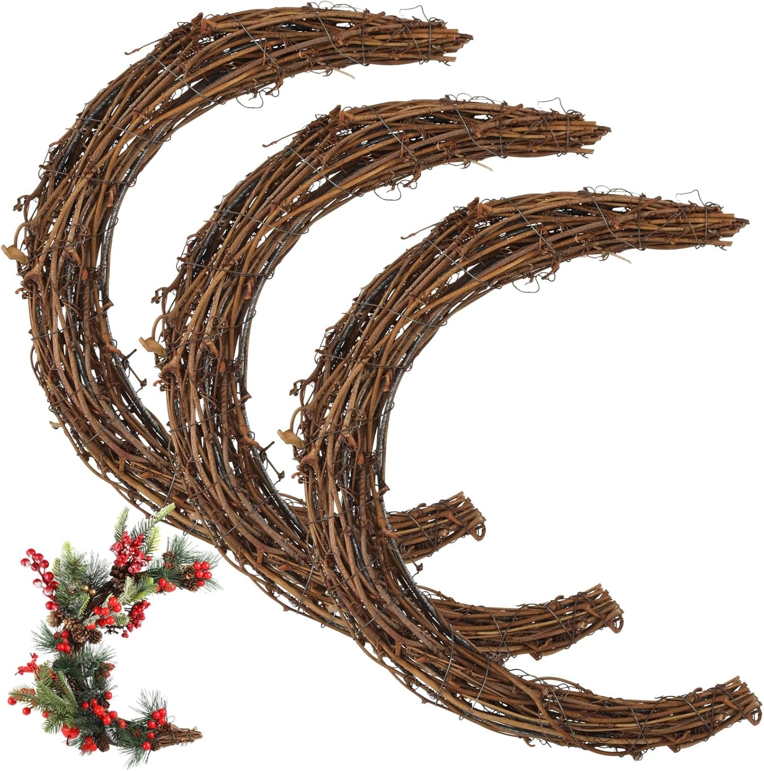 3 Pcs Crescent Moon Wreaths, 11.8 in Natural Rattan Wreath Base, Half Moon Shaped Vine Wreaths for Crafting, DIY Christmas Decoration, Wall Hanging, Home Decor