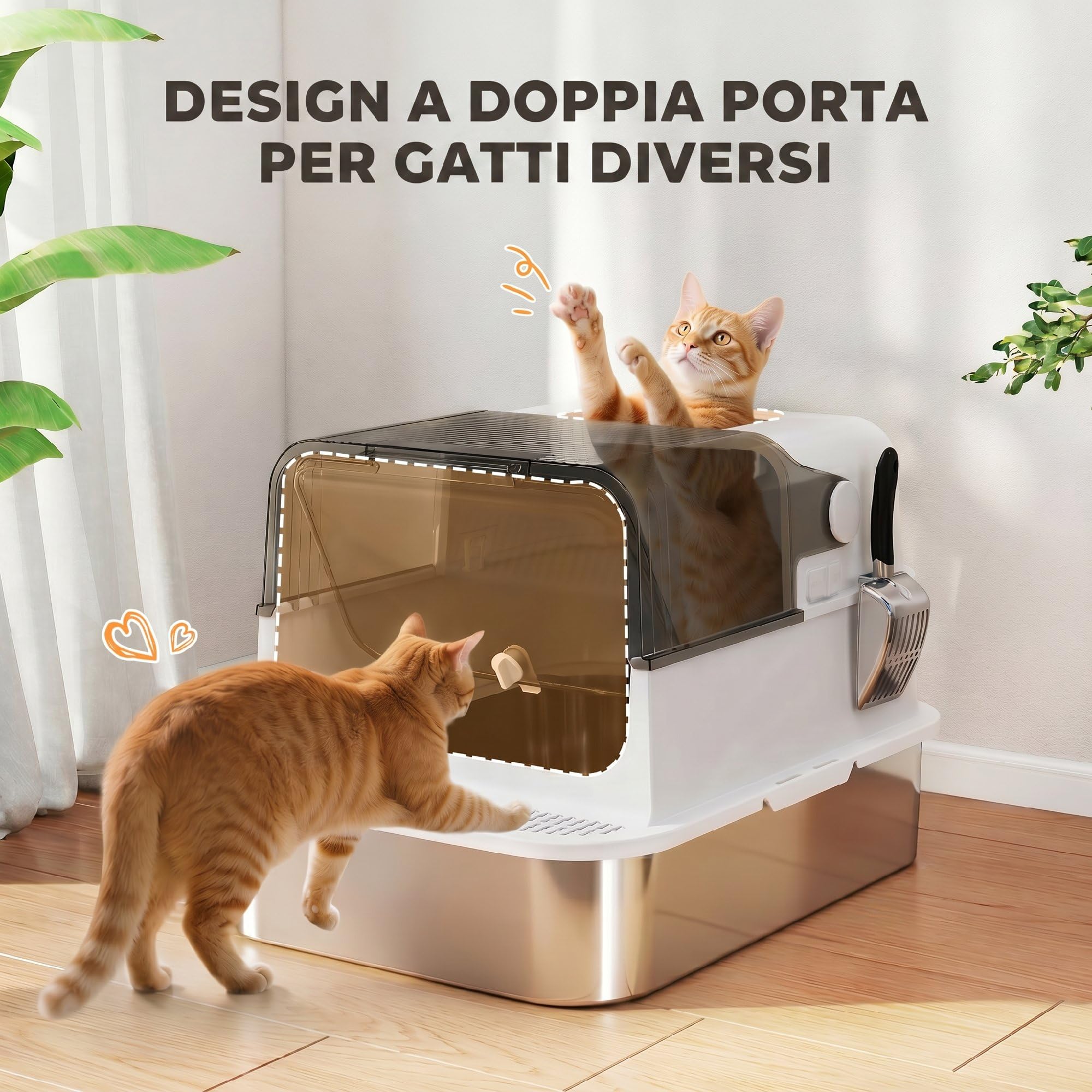 PawHut Lettiera per Gatti Chiusa XXL 20 kg Apribile 90° 70x50x46.5cm Bianco | Coperchio in Acciaio Inox, Doppie Porte, Paletta, Deodorante