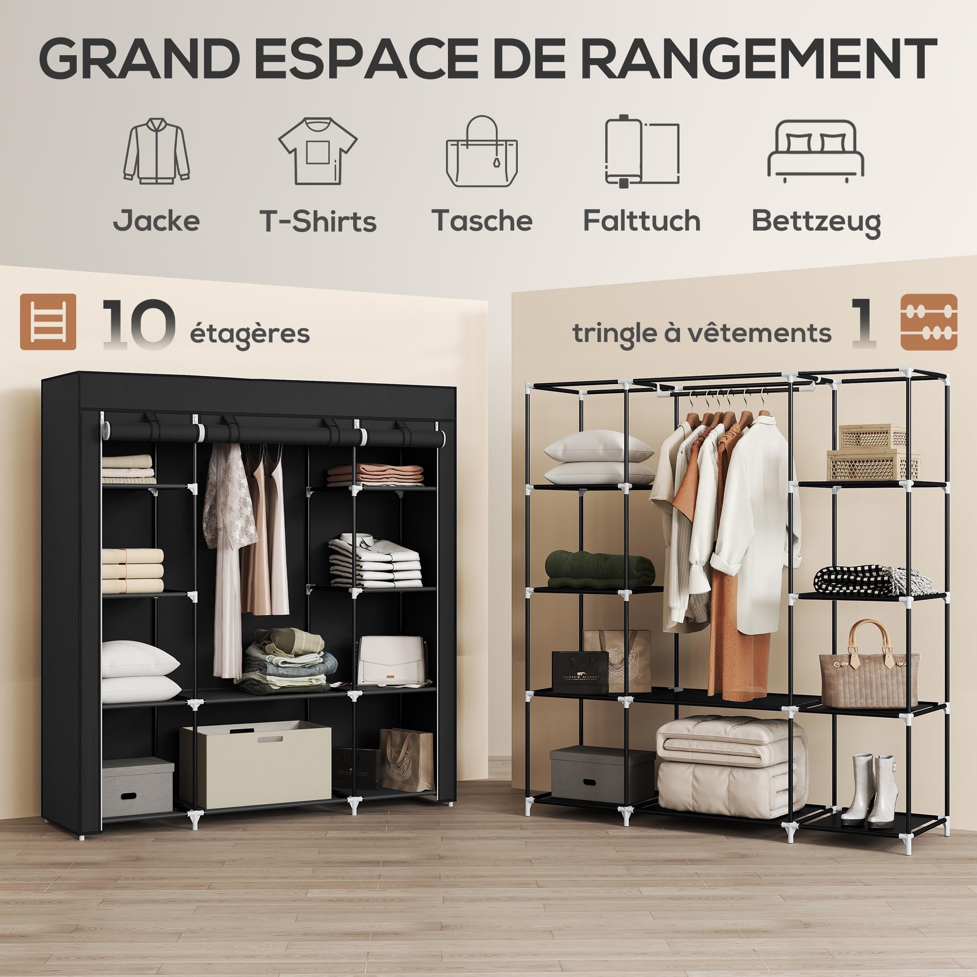 HOMCOM Armoire Penderie en Tissu 150 x 43 x 162,5 cm Noir | Meuble de Rangement, Tringle à Vêtements, Étagères Ouvertes, Penderie Vêtement Dressing, pour Chambre à Coucher