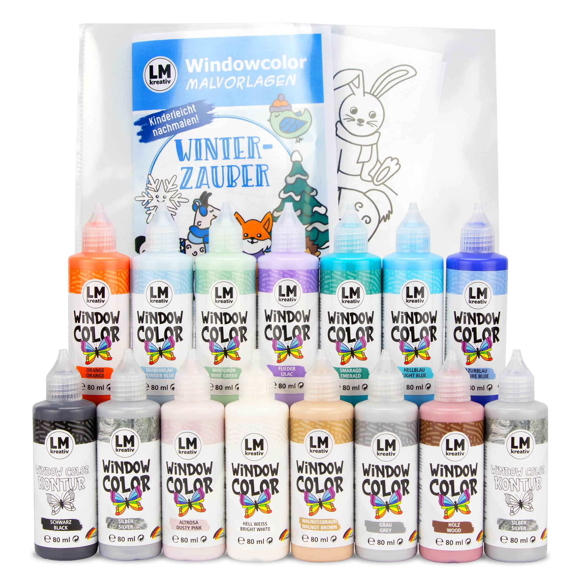 LM-Kreativ Window Color 15er Set - Winterzauber - mit 13 Farben, 2 Konturen & Weihnachtlichen Malvorlagen für festliche Fensterbilder. Wasserbasierte Fensterfarben, ideal zum Verschenken & Dekorieren