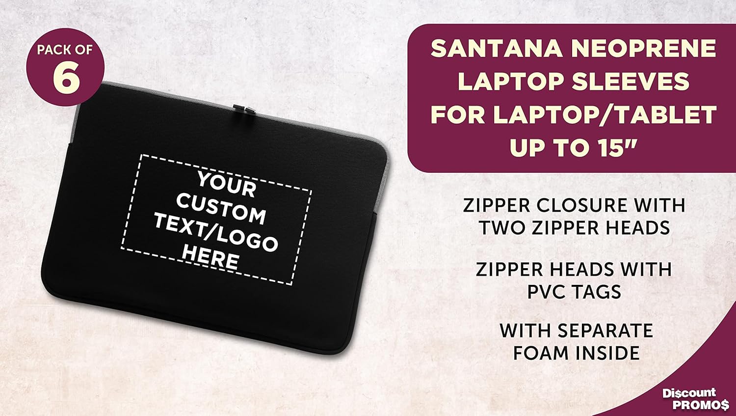 6 Santana Neoprene Laptop Sleeves Set - Customizable Text, Logo - Zipper Closure, Lightweight, Durable, Party Favor - Black