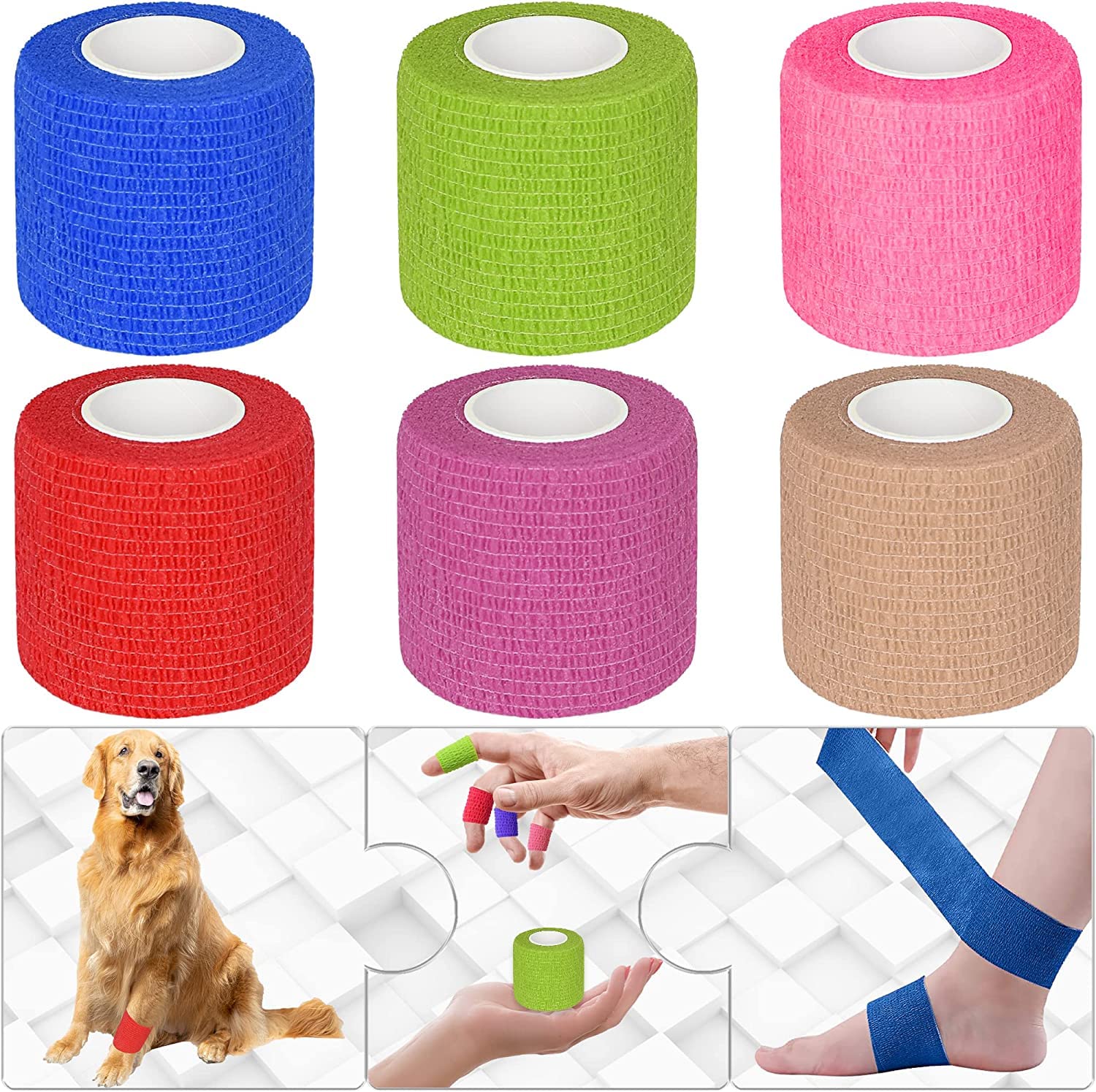 Elastic Self Adhesive Tape, Self Adherent Cohesive Wrap Bandages 2 Inches X 5 Yards, Athletic, All Sports wrap Tape, Breathable Wound Tape, Bandage Wrap for Wrist, Ankle, Pets (6 Pack Mixed Colors)