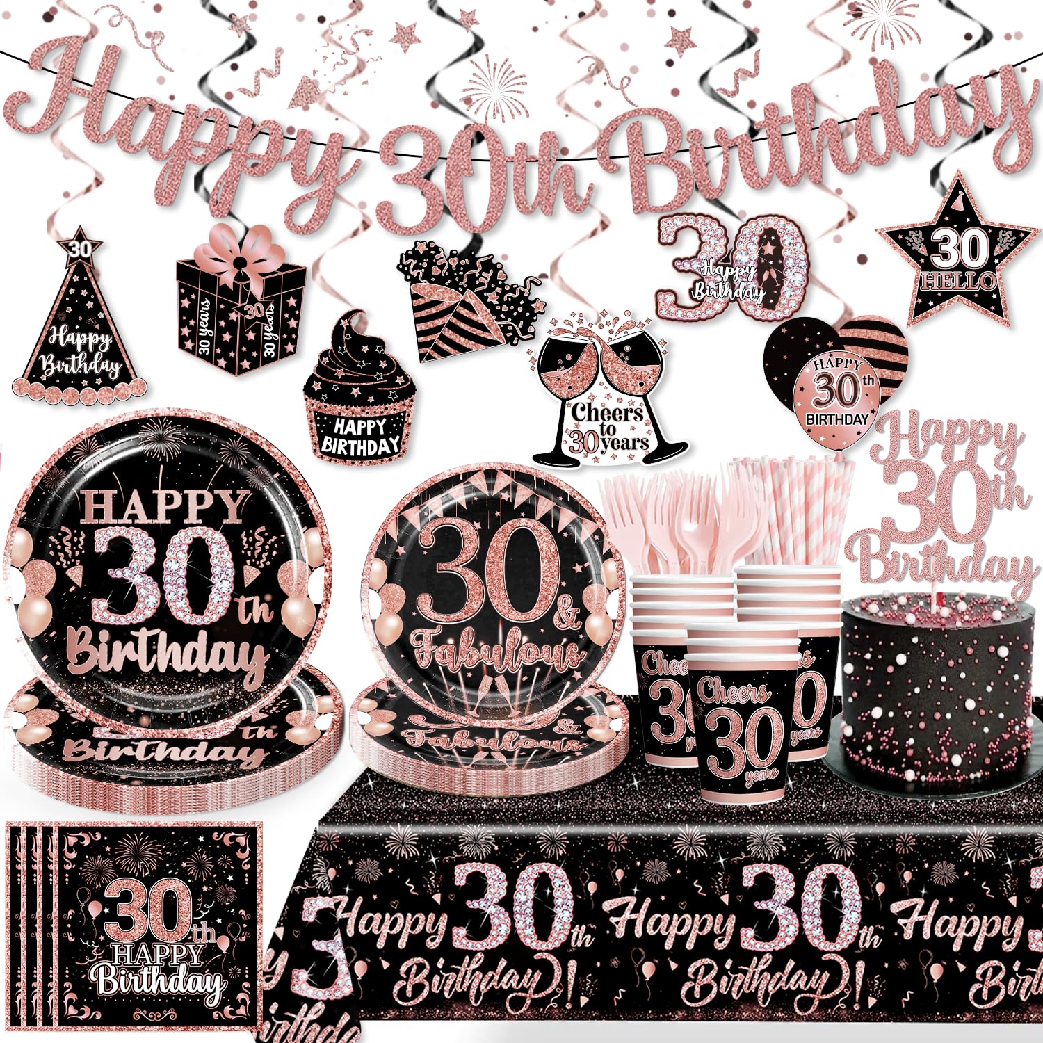 Yingoto 161 PCS 30th Birthday Decorations for Women, Rose Gold Party Supplies Kit with 300gsm Cardstock Paper Plates, Perfect for 25 Guests, Ideal for 30th Birthday Celebration