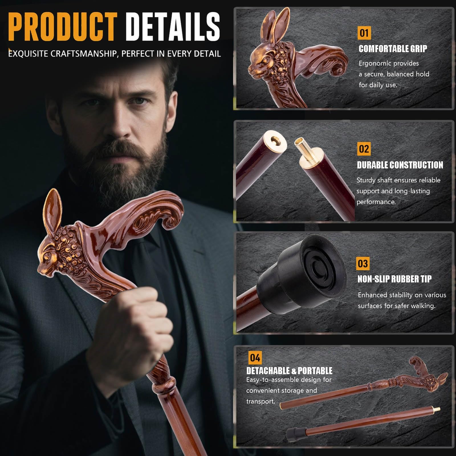 Handgeschnitzter Gehstock Aus Holz Mit Hasenmotiv, Ergonomischem Griff und Gummispitze für Damen und Herren – Modischer und Exklusiver Gehstock für Senioren – 95,5 cm