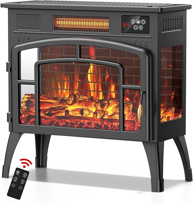 BREEZEHEAT Electric Fireplace Stove-Freestanding Fireplace Heater w/ 3D Flame, Thermostat, Remote, 1500W/750W Quiet Heating, Portable Fireplace for Indoor Use, Overheating Protection, Black, 23" Wide