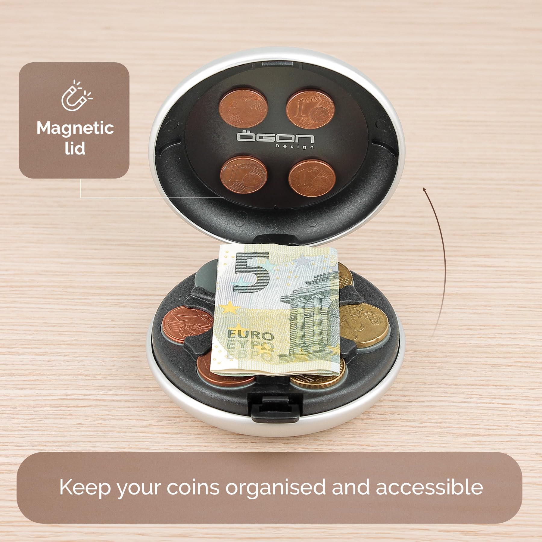 Portamonete in alluminio, capacità fino a 20 € in monete, 5 monete per scomparto, modello Coin Dispenser