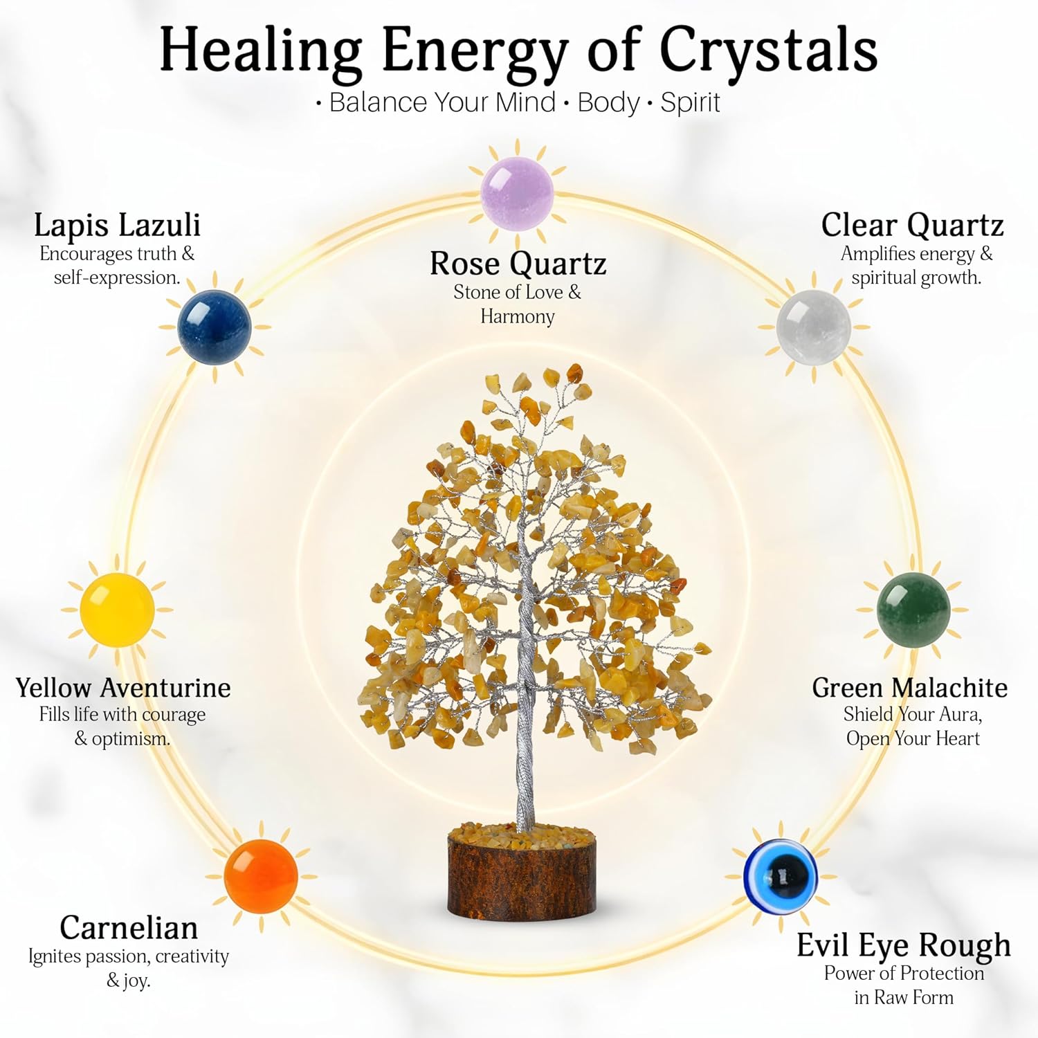 FASHIONZAADI Yellow Aventurine Healing Crystal Bonsai Tree, Desk Decor for Room & Office Decor, Spiritual Gift - Crystals for Home, Room Decor - Cute House Warming Gifts for Women, Mom Birthday
