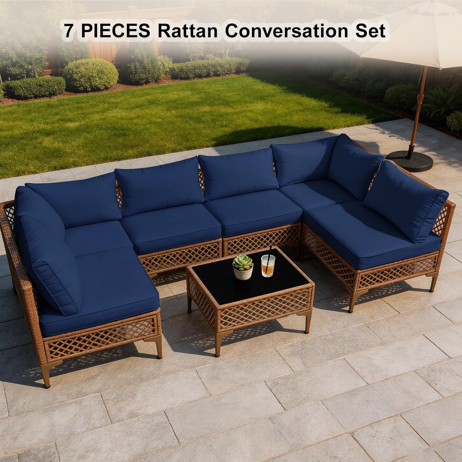 Loungewave 7 Pieces Patio Furniture Set, Outdoor Wicker Sectional Sofa with Coffee Table and Washable Cushions, Sectional Outdoor Couch for Backyard, Garden and Porch, Navy Blue