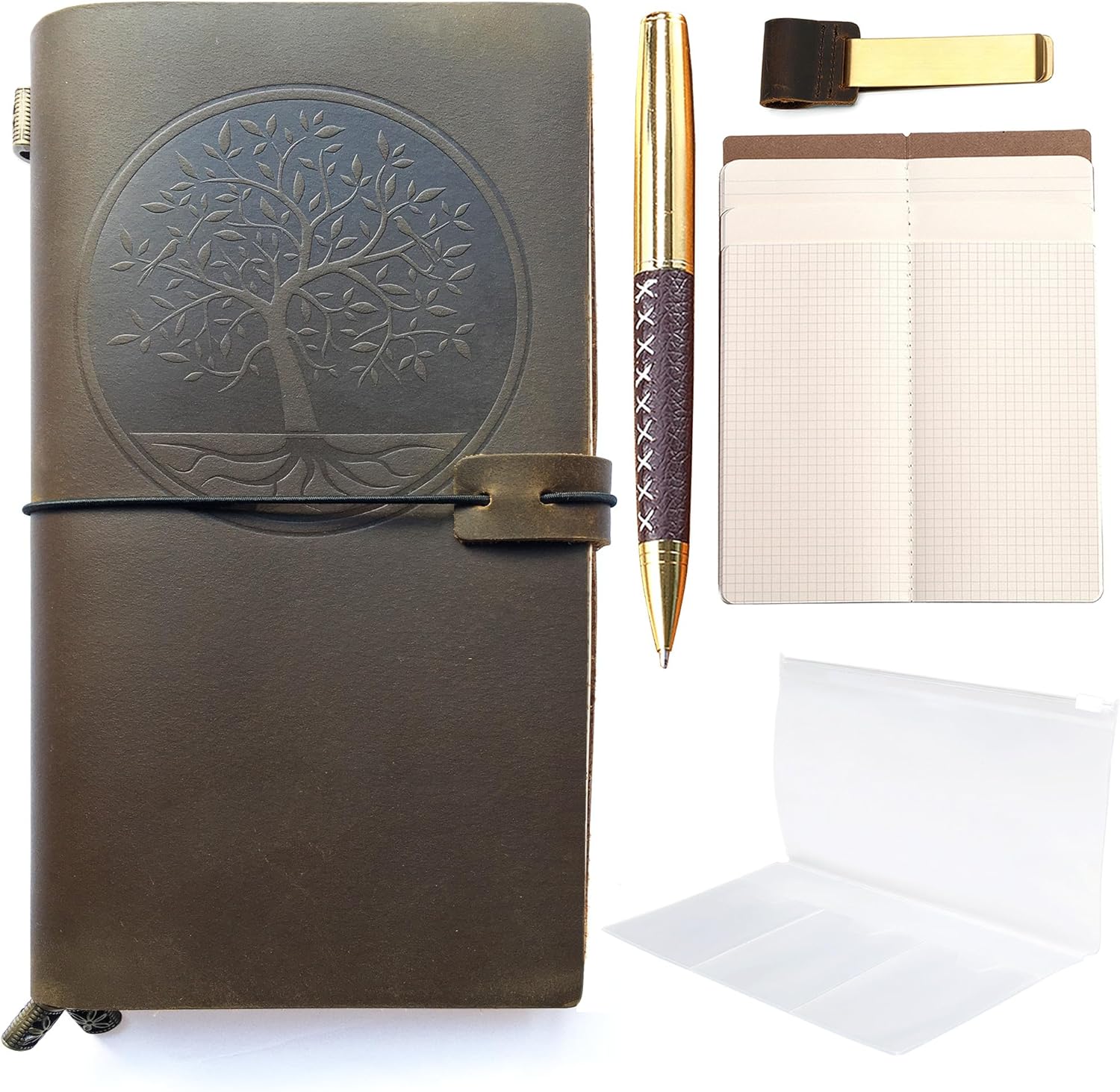Leather Refillable Journal, Travelers Notebook for Men and Women, Handmade Gift Set with Tree of Life Embossed Journal and Stylish Pen, Sketchbook, Travel Diary and more (5 Inserts) (8.5x4.5")