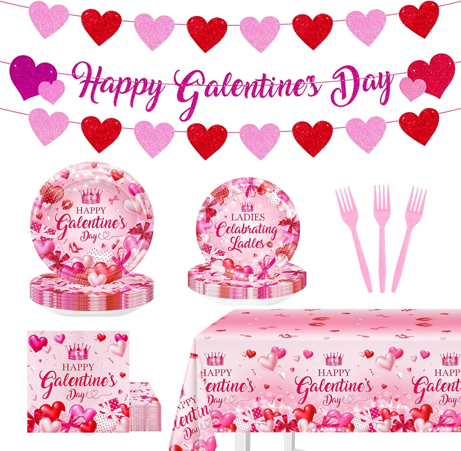 Galentines Day Party Decorations Pink Heart Galentines Plates Napkins Tablecloth Happy Galentine's Day Banner Party Supplies Serve 24