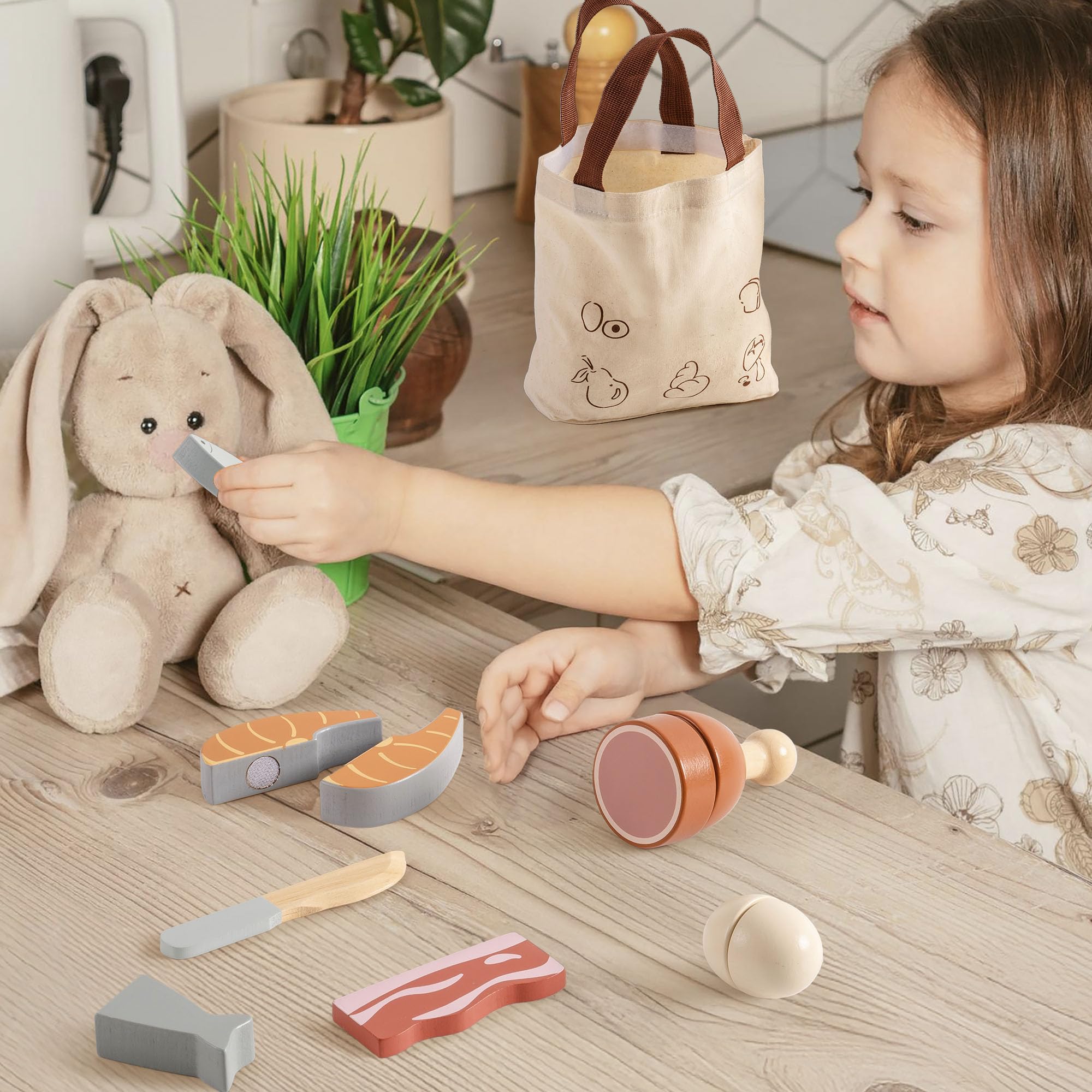 Juego de madera para cortar carne y huevos, juguete de simulación para jugar cocina con bolsa de compras, accesorios de cocina para niños, juguetes de comida de madera para niños y niñas 7