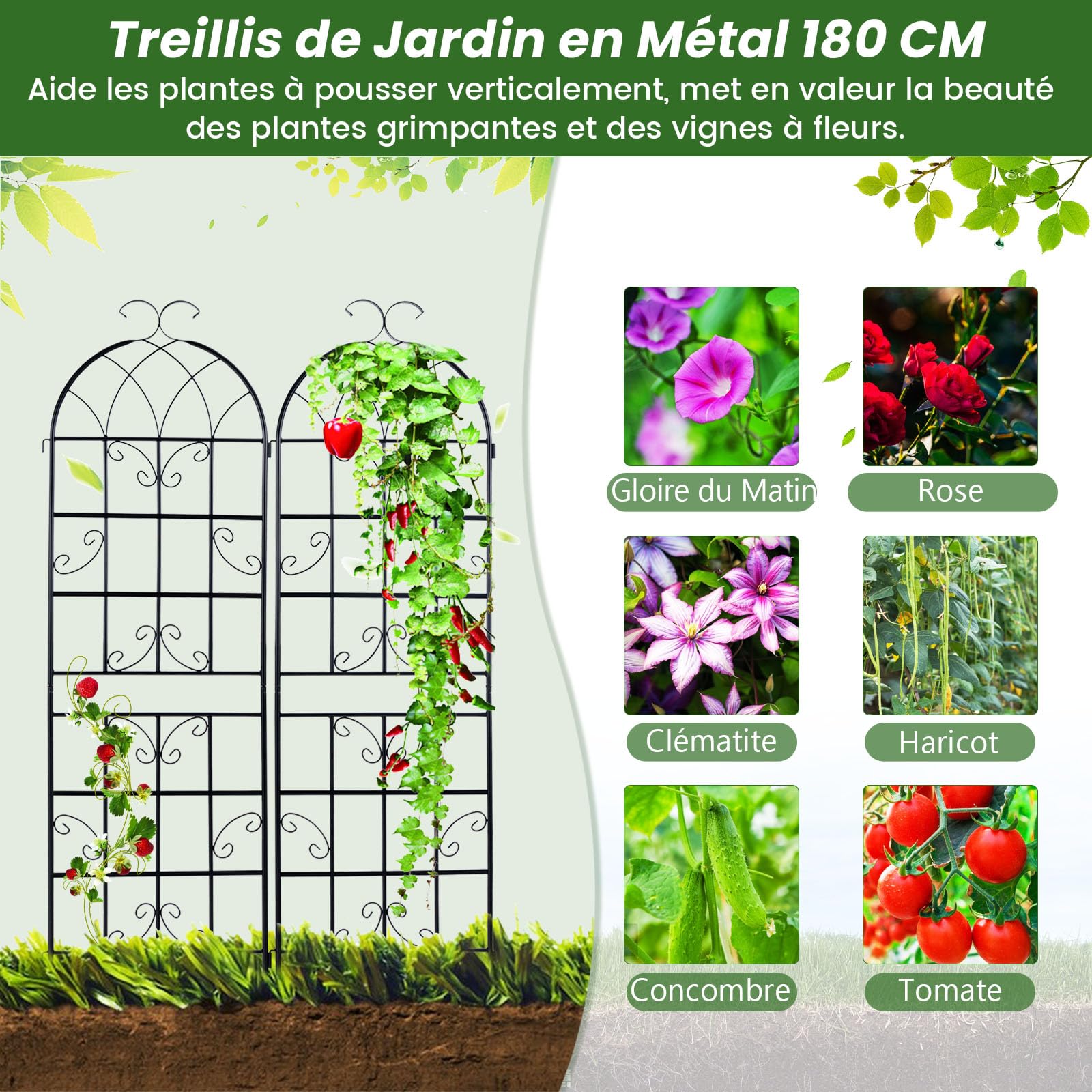 GOPLUS Lot de 2/4 Treillis Jardin pour Plantes Grimpantes, 1,8M/2,2M en Métal Galvanisé, Treillis Décoratif pour Légumes, Fleurs, Vignes (Arc Noir|50x180CM,2)