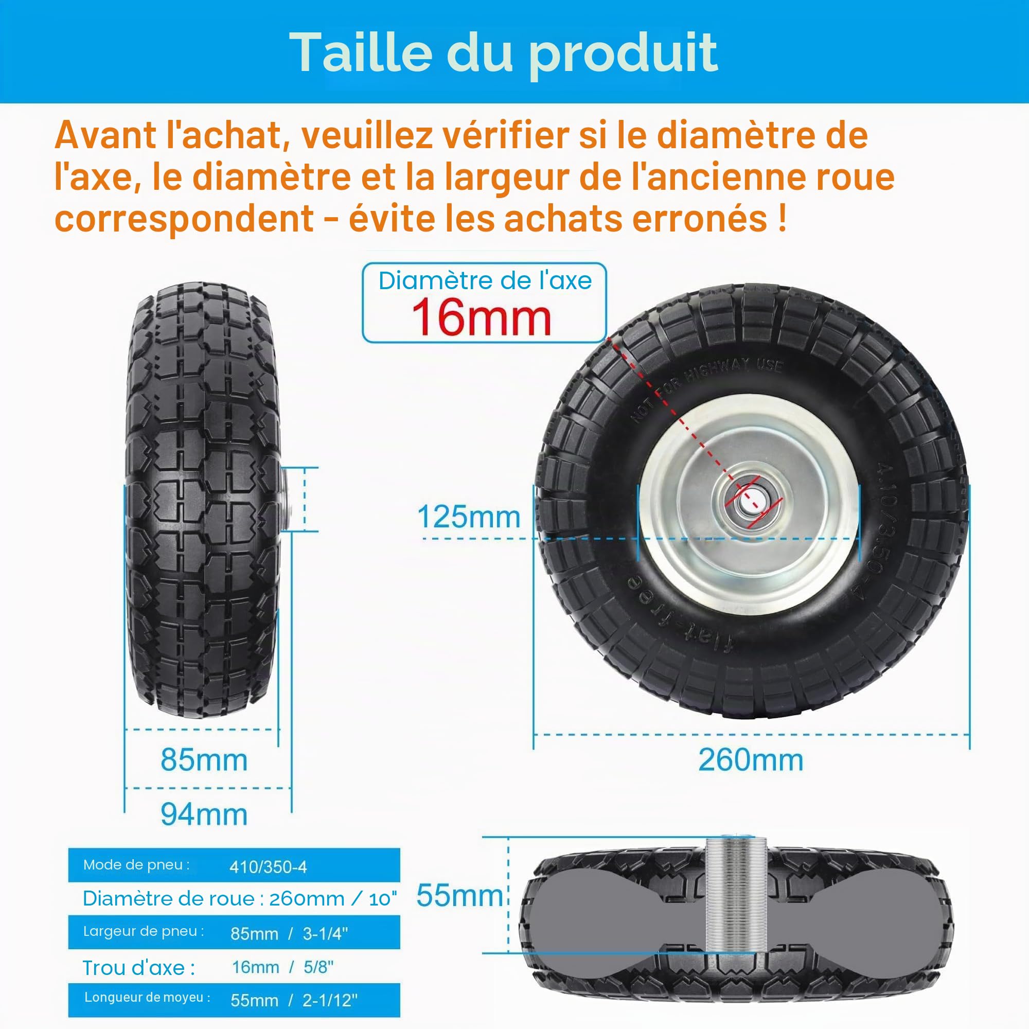 Lot de 2 roues de rechange pour diable, caoutchouc plein, 4.10 3.50-4, 260 x 85 mm, essieu 16 mm