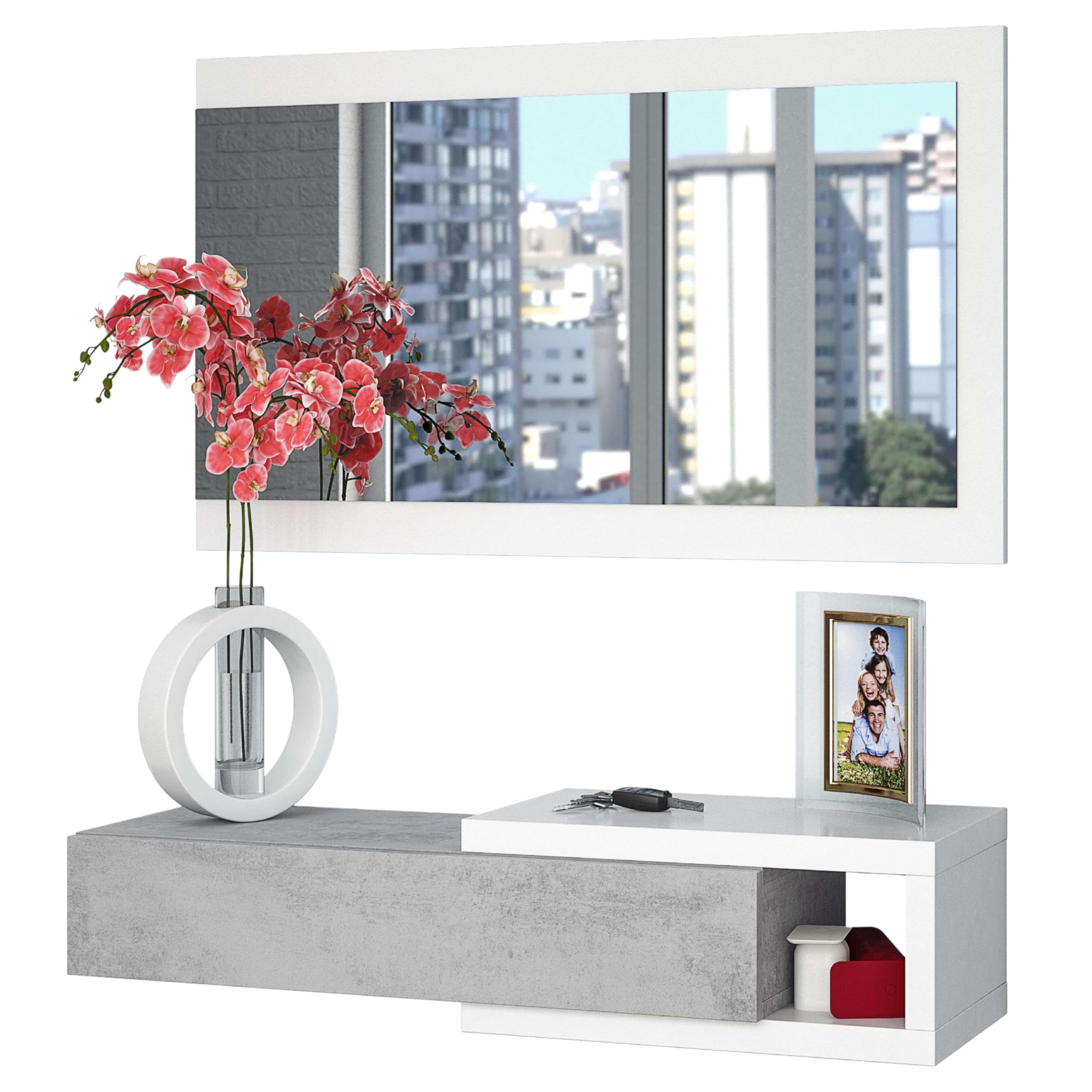 Mueble de Entrada con Espejo Recibidor Neutre Estilo Multifuncional Color Blanco Artik y Gris Cemento 95 cm