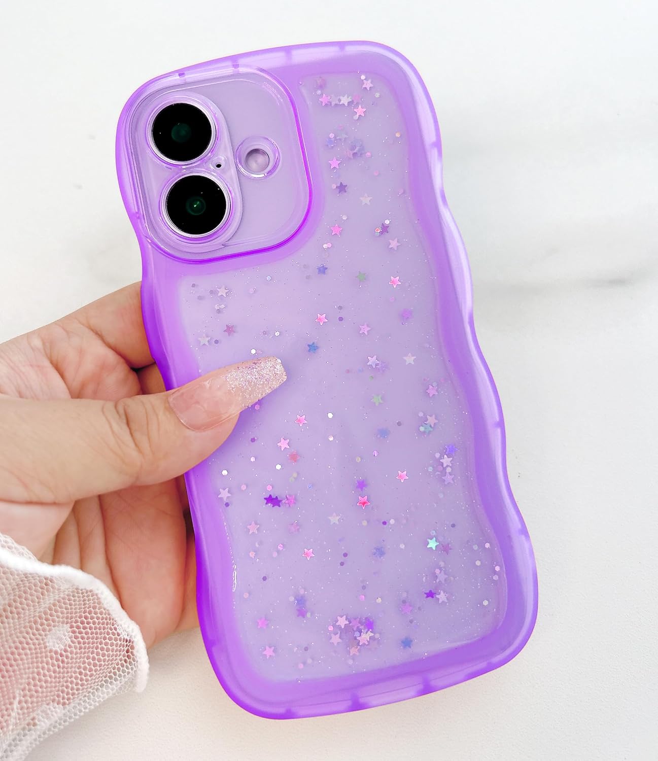 Qokey Compatible iPhone 16 Case, 6.1" Curly Wave Design, Transparent Bling Glitter Star Shiny, Cute Clear Transparent Shockproof Protection Soft Phone Cover for Women Girls, Purple - Image 5