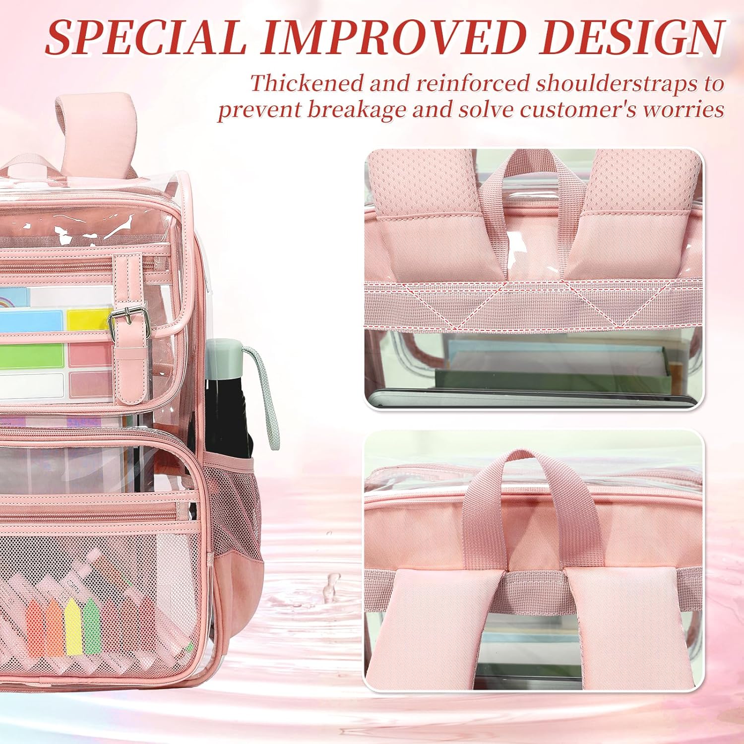 Clear Backpack Heavy Duty for Girls, Thick PVC Transparent Bookbag with Leather Trim, Stadium Approved Clear Backpacks, Large Capacity See Through Backpacks for School Travel (Pink) - Image 5