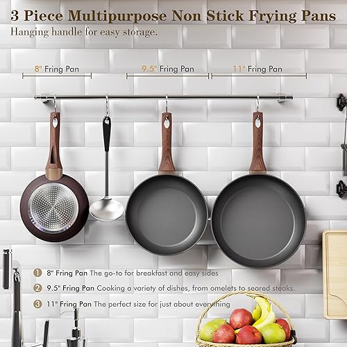 Miniatura 2 de Sartenes antiadherentes, 3 piezas de sartén antiadherente con sartén de 8 pulgadas, 9.5 pulgadas11 pulgadas, mango fresco, revestimiento de efecto