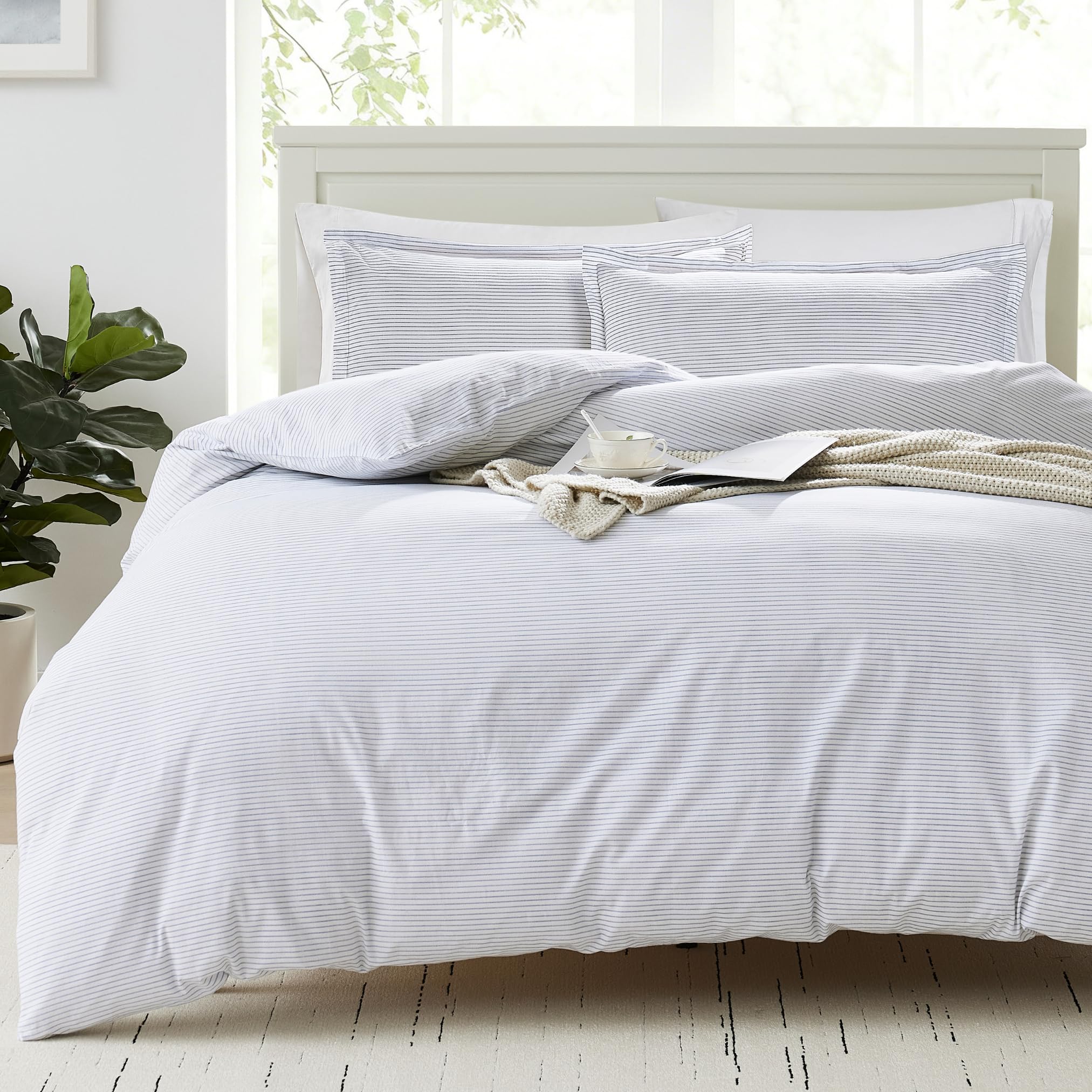 LANE LINEN King Size Duvet Cover Set Stripe White - 100% Organic Cotton Bedding 230x220cm, Soft Breathable 3 Piece with Button Closure, 2 Pillow Cases Included