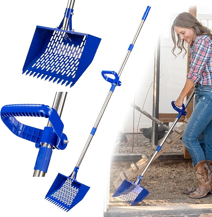 Chicken Poop Scooper with Adjustable Handle  to  Heavy Duty Metal Chicken Coop Cleaner, Wide Sifting Scoop with Built-in Rake & Hook