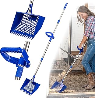 Chicken Poop Scooper for Sand & Litter – Heavy-Duty Metal Coop Scoop with 10.2" Wide Head, Adjustable 24–74" Handle, Built-in Rake & Hook – Family Brand for Chickens, Ducks & Goats