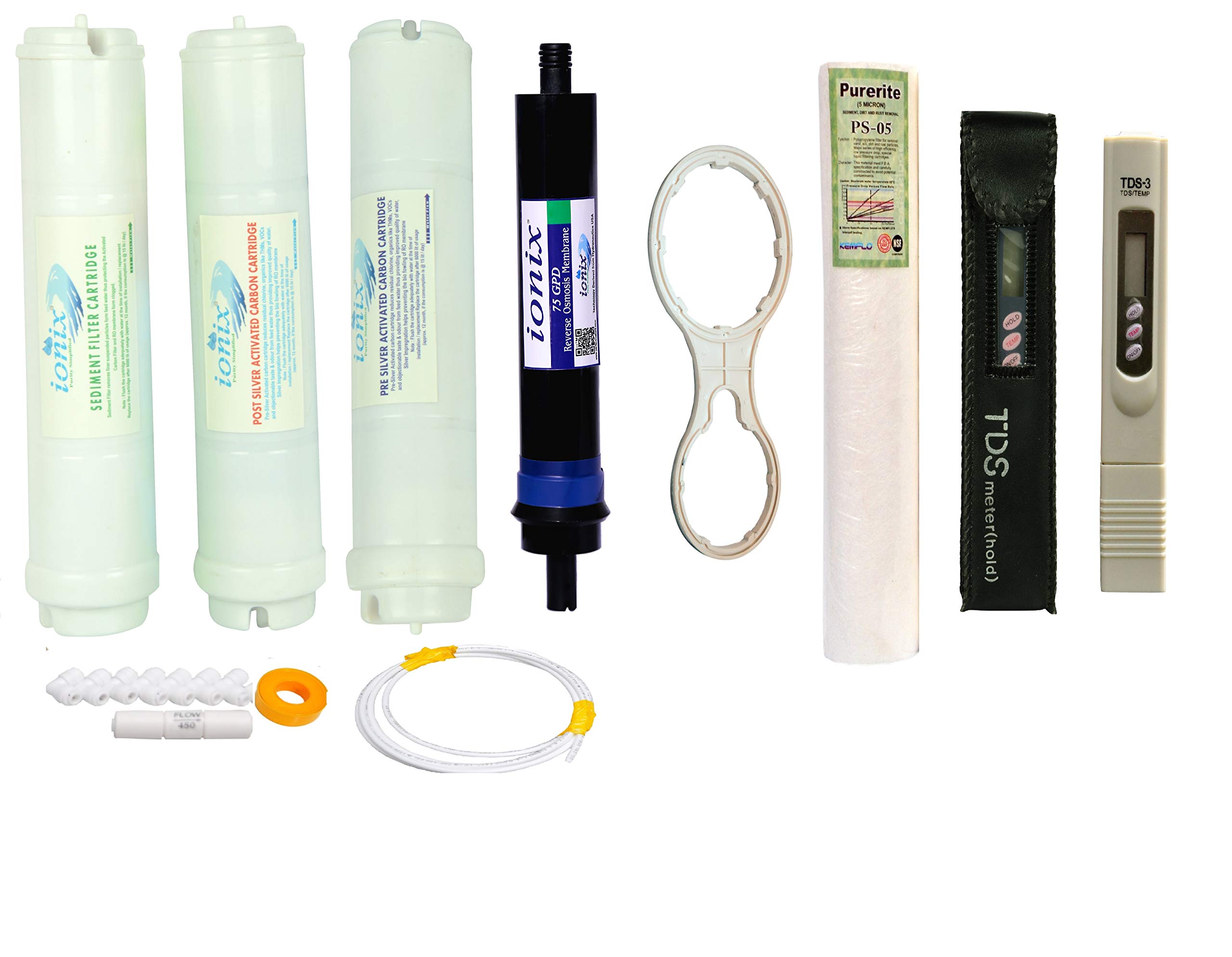 IONIX Complete Filter Set with IONIX 75 GPD Membrane, Inline Filters & Installation Accessories with TDS Meter for Water Testing-image-3