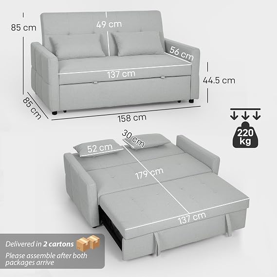HOMCOM 2 Seater Sofa Bed Click Clack Sofa Pull Out 137x179cm Light Grey