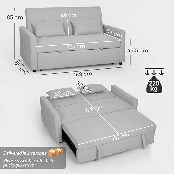 HOMCOM 2 Seater Sofa Bed Click Clack Sofa Pull Out 137x179cm Light Grey