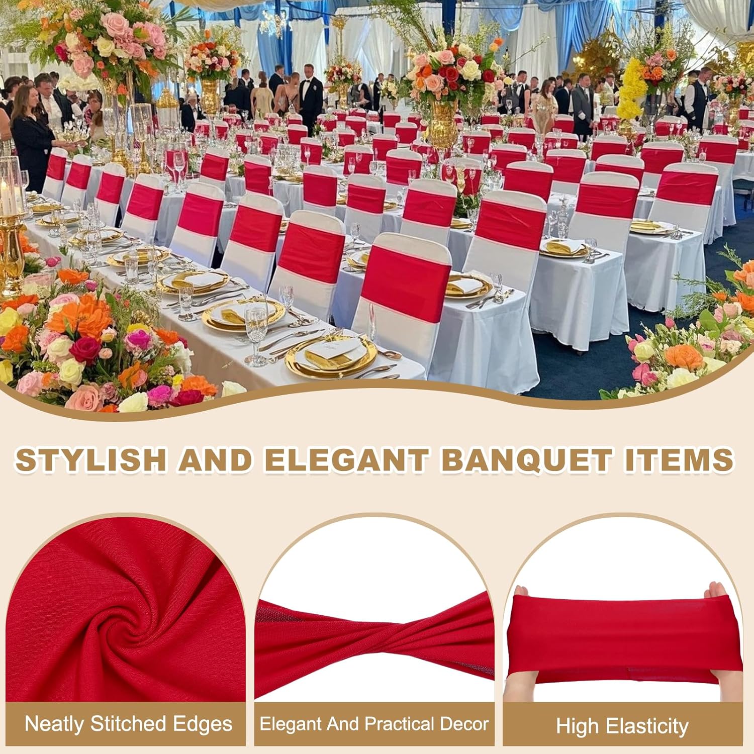 PATIKIL Premium Spandex Chair Sashes Bows, 100 Pcs Elastic Stretch Chair Cover Band Ties with Slider Buckle for Birthday Party Banquet Wedding Decoration, Wine Red