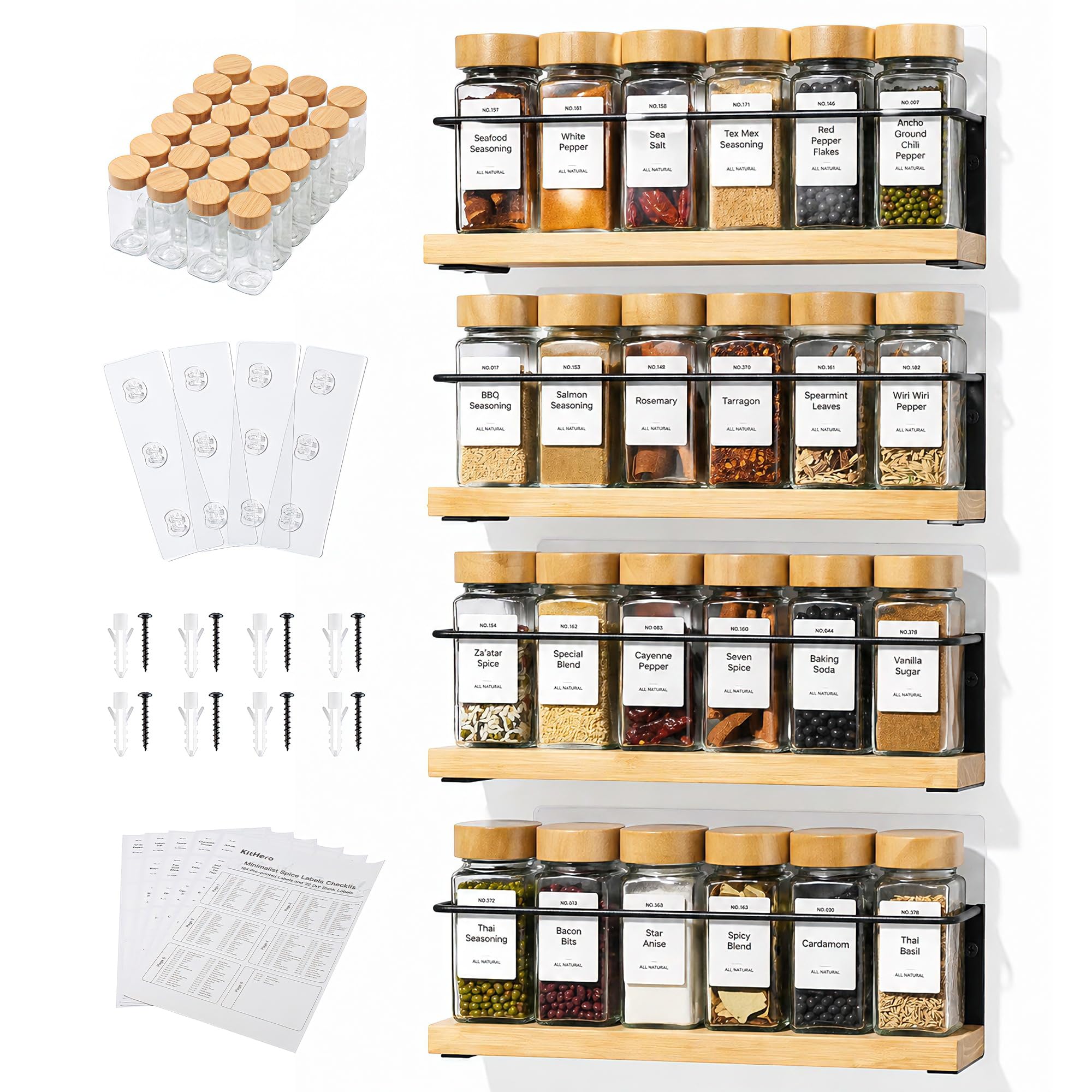 KitHero 4-Tier Wall Mount Spice Rack Organizer with 24 Glass Jars, 216 Labels & Funnel - Screw/Adhesive Mount, Black Metal & Bamboo Spice Storage for Kitchen Pantry Cabinet, 11.6”W x 2.4”D x 3.2”H