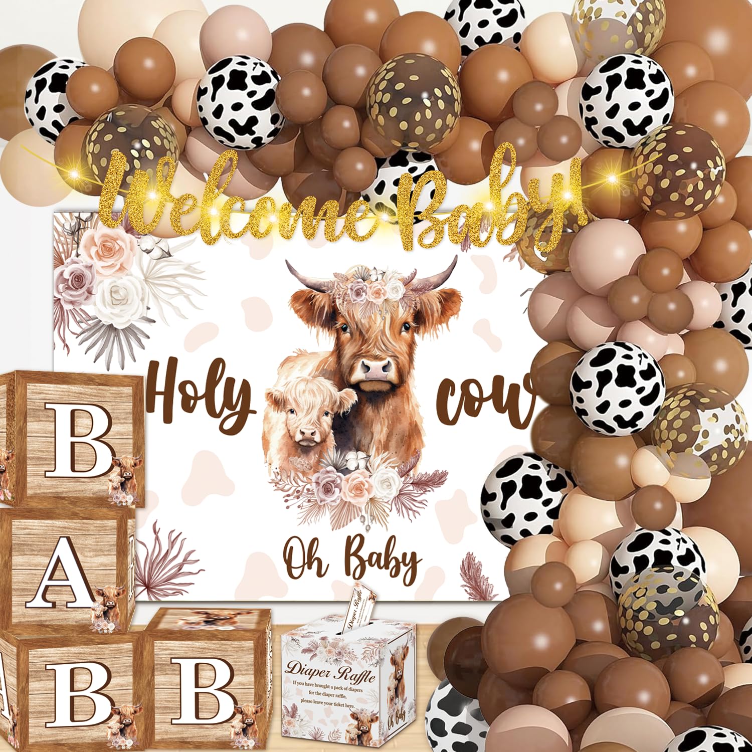 cocomigo 161pcs Brown Cow Baby Shower Decorations, Brown Cow Gender Reveal Decorations Include Backdrop Banner Ballon Box and Diaper Raffle Box, for