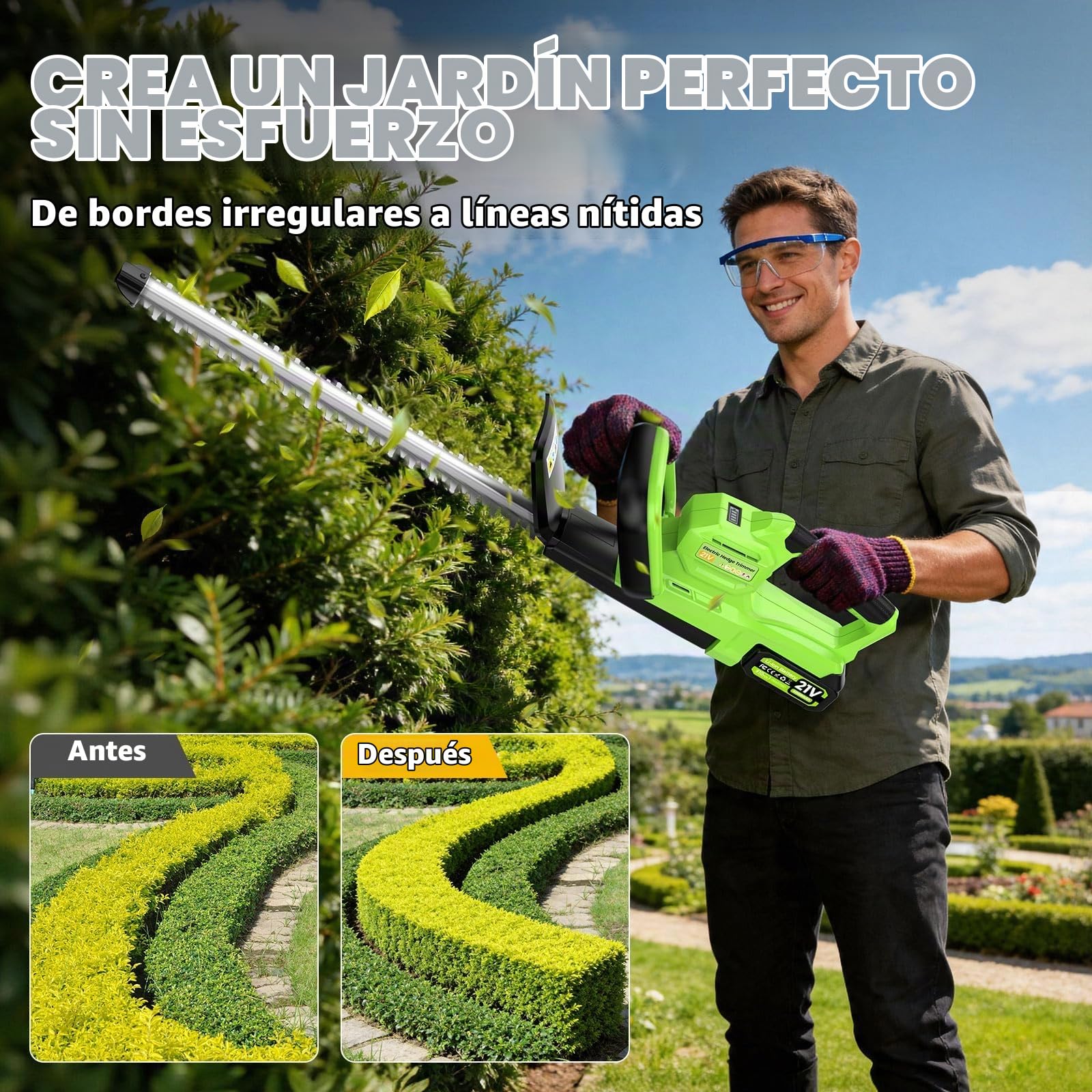 Cortasetos Bateria, Cortasetos Electrico 21V, 800W con Cuchilla De Acero 70mn4 De 50 Cm, Corte Bidireccional De 16 Mm, 2 Baterías De 4000mah, Protector De Seguridad para Jardín y Arbustos
