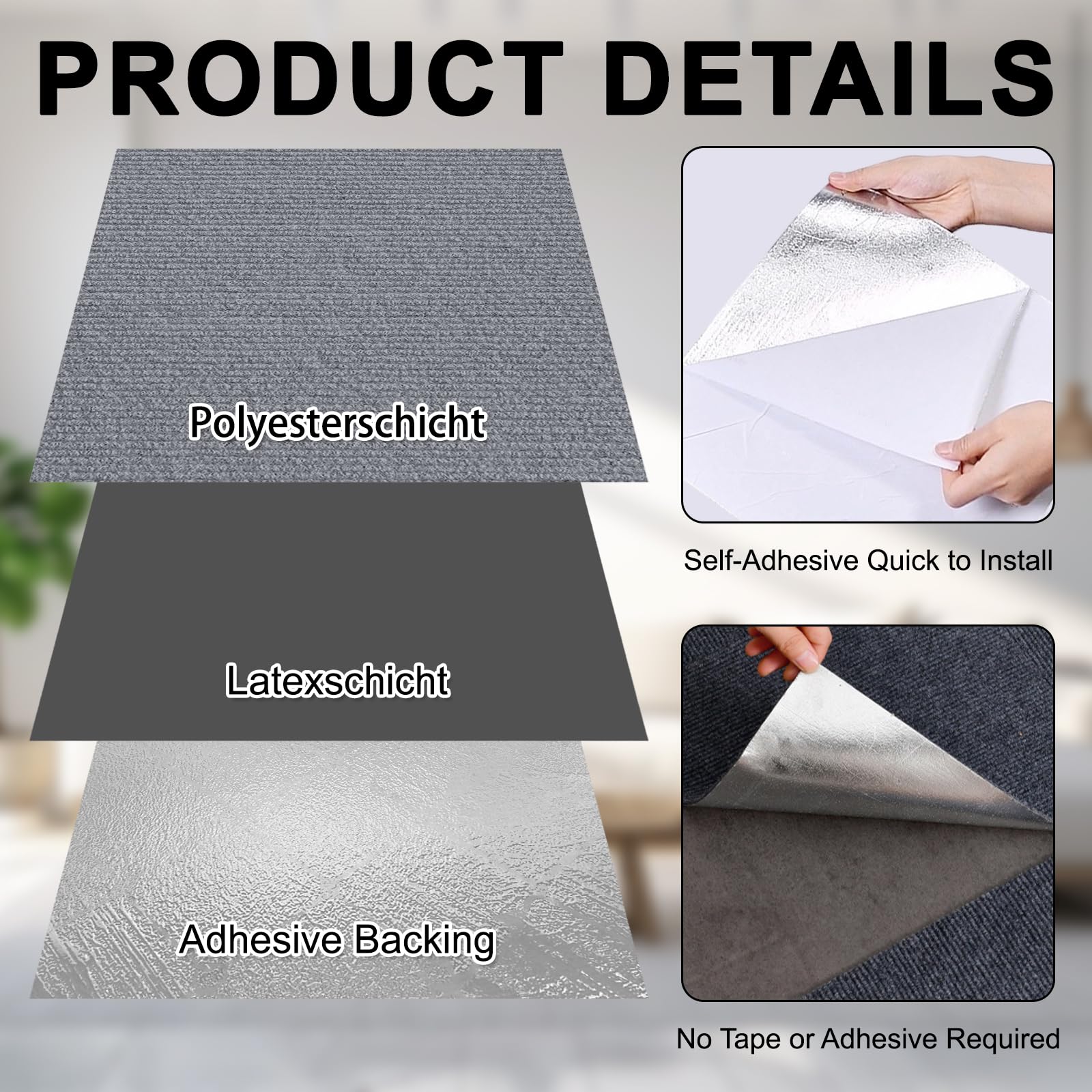 Lot de 10 Dalles Moquette Autocollantes 40 x 40cm, 1,6m² À Découper Moquette Pour Bureaux, Hôtel, Appartement, Maison, Gris Clair
