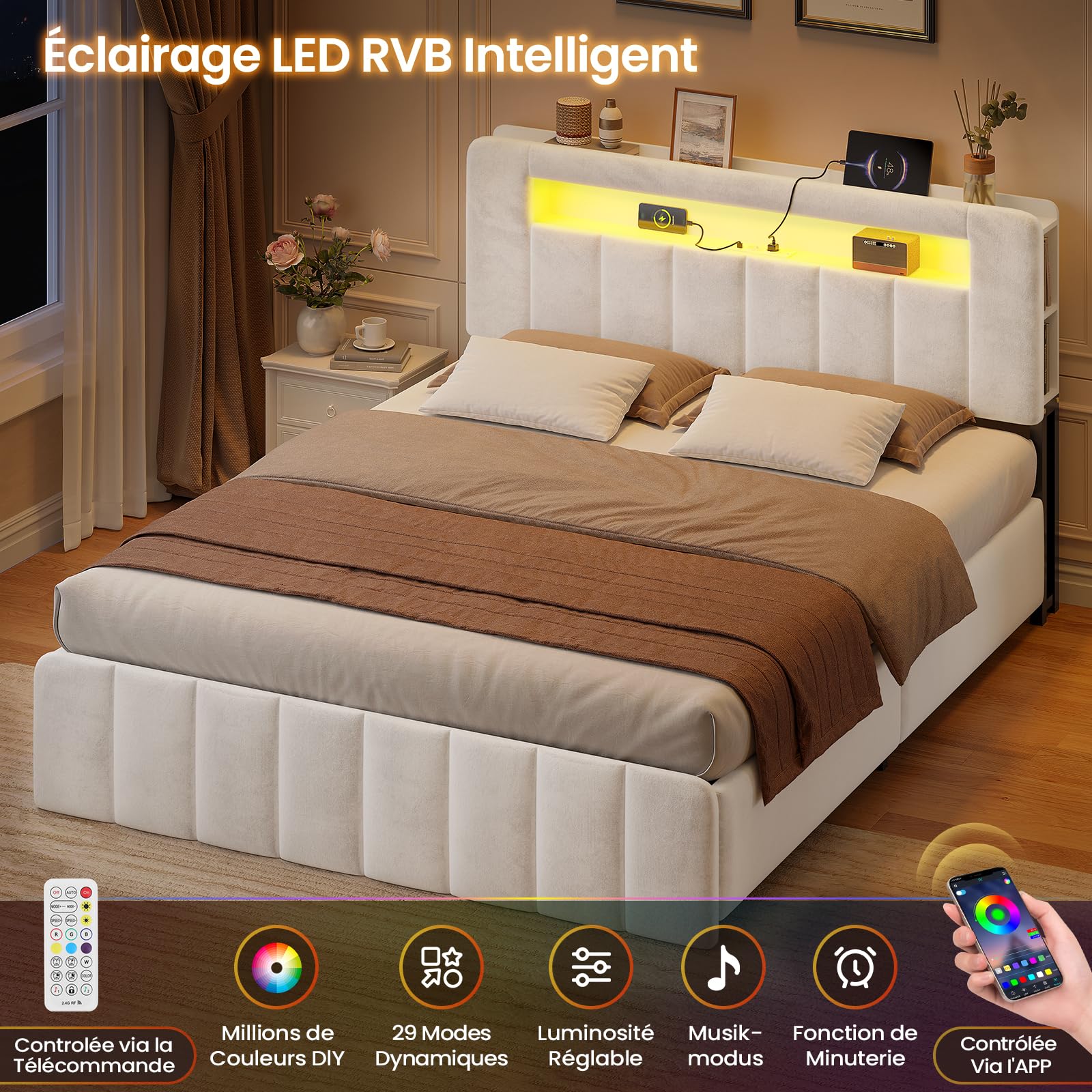 AOGLLATI Lit Coffre 140x190 avec Multiprise Intégrée | Lit 140x190 avec Sommier,Rangement Hydraulique,Éclairage LED,Capitonné en Velours Beige,2 Étagères, 4 Niches Ouvertes