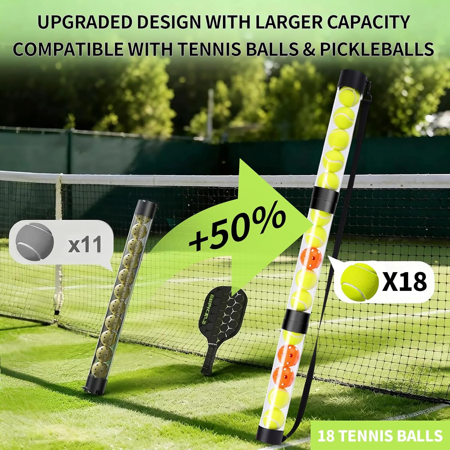 17 Pickleballs & 18 Tennis Balls Picker Upper – Collapsible No-Bend Retriever Tube with Shoulder Strap, Lightweight Portable for Indoor & Outdoor Court Practice