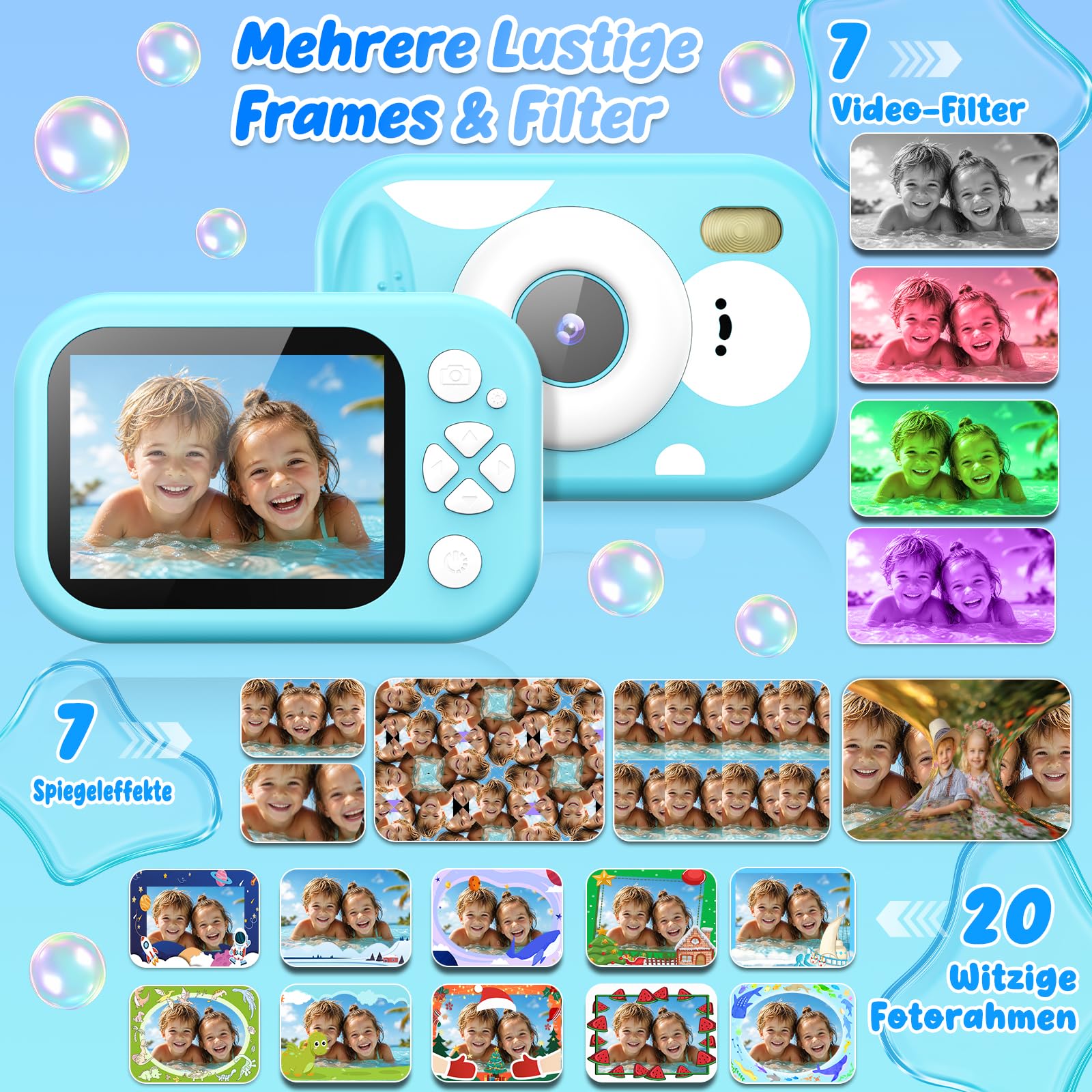CHAKEYAKE Unterwasserkamera, IP67 10M/32.8FT Kinderkamera 1080P wasserdichte Digitalkamera mit 2.4" HD Bildschirm, 10X Digitalzoom, SD Karte, Geschenk für Jungen und Mädchen 3–12 Jahre, Blue