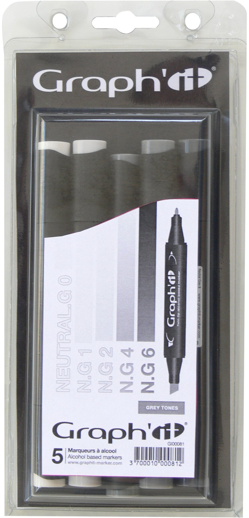 GRAPH'IT - Set of 5 Double Tip Alcohol Markers: Fine and Chisel - Manga Drawing and Illustration - Professional and Beginner - Colour: Grey Tones Series