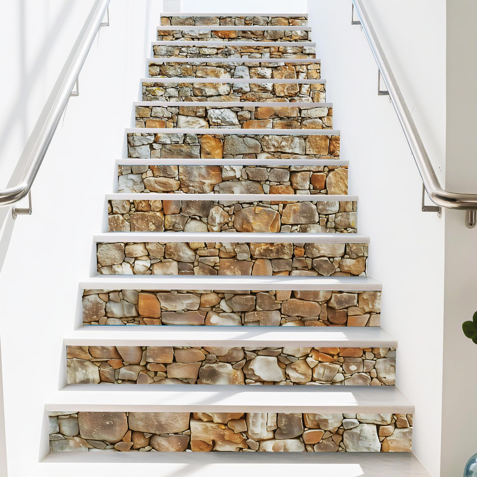 PLIGREAT 15 Strips Stone Pattern Stair Decals, Peel and Stick Bird Stair Riser Stickers for Steps 18x100cm Self-Adhesive Vinyl Stone Staircase Murals Decor for Home Hotel