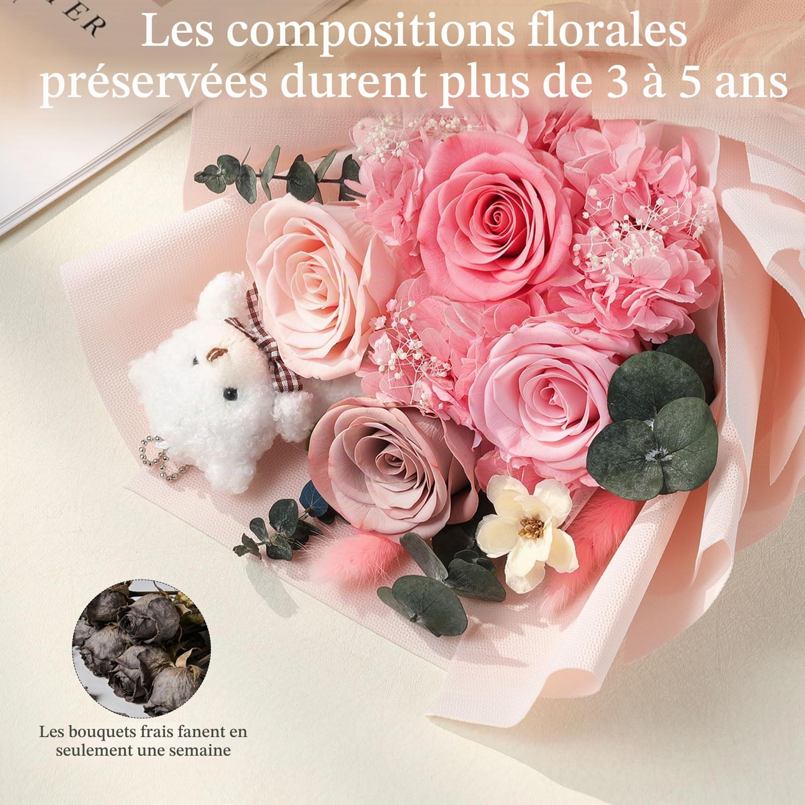 Emibele Fleurs Pour Livraison Prime Bouquets Fleurs Préservées Avec Ours | 4 Roses Roses Éternelles, Cadeaux pour Saint-Valentin, Fête Mères, Anniversaire, Diplôme – Pour Elle, Copine, Femme, Maman