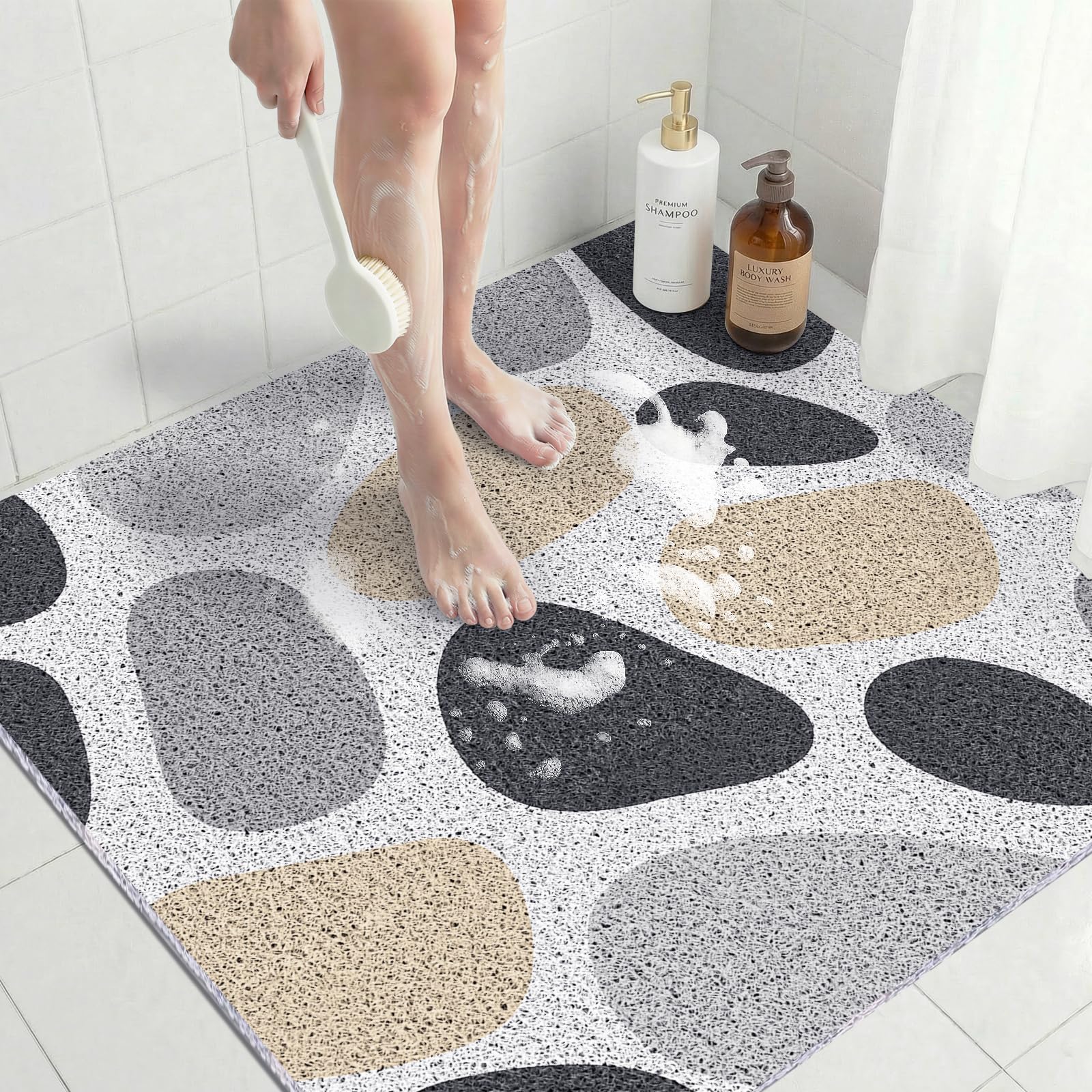 Large Square Non Slip Shower Mat 80x80 CM, Quick Drying Anti Mould PVC Loofah Bath Mat for Wet Room & Bathroom Floor, Anti Slip Shower Mats for Elderly, Bath Mats for Bathroom, Gray Stone