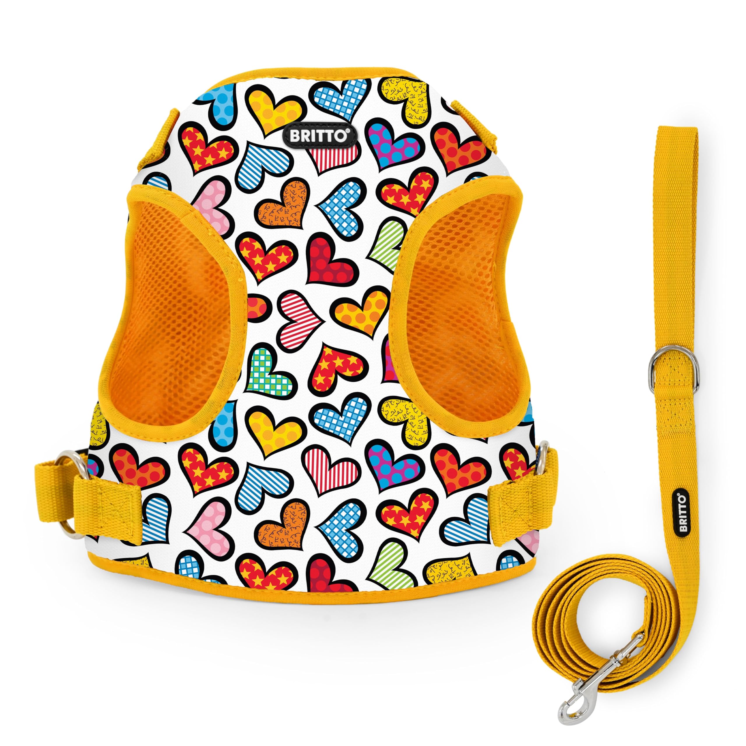 Pet Harness & Leash by Romero Britto - Adjustable, Colorful Heart Design in 5 Sizes - Stylish & Durable Walking Accessory for Dogs & Cats, Small (S)