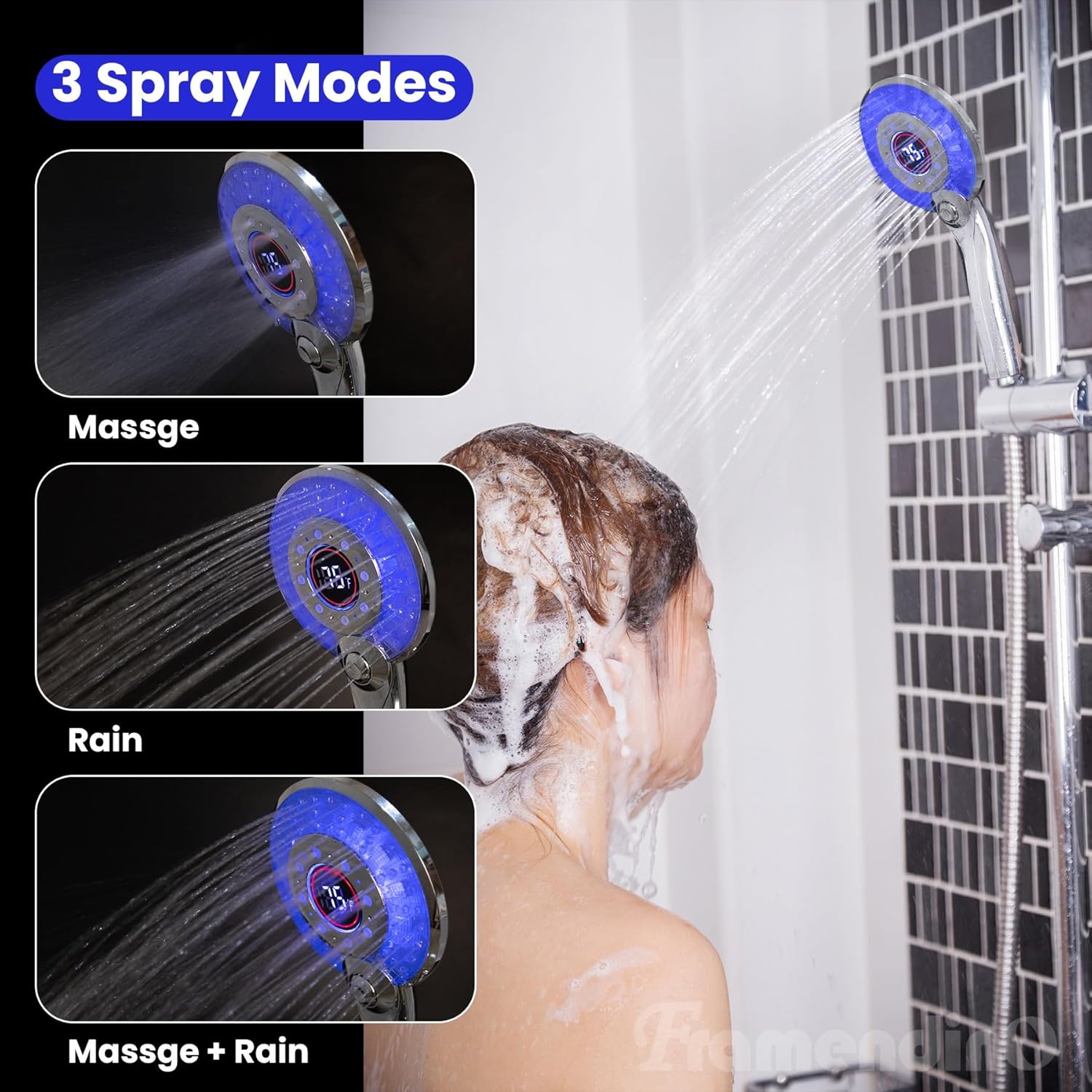 Framendino, LED Shower Head Color Changing with 3 Spray Modes Water Saving Temperature Display